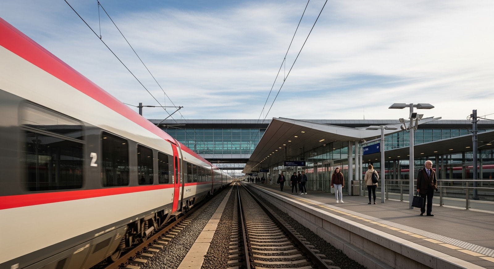 Concept-style view of a modern high-speed train approaching an airport rail station in Budapest, illustrating improved Budapest Airport accessibility