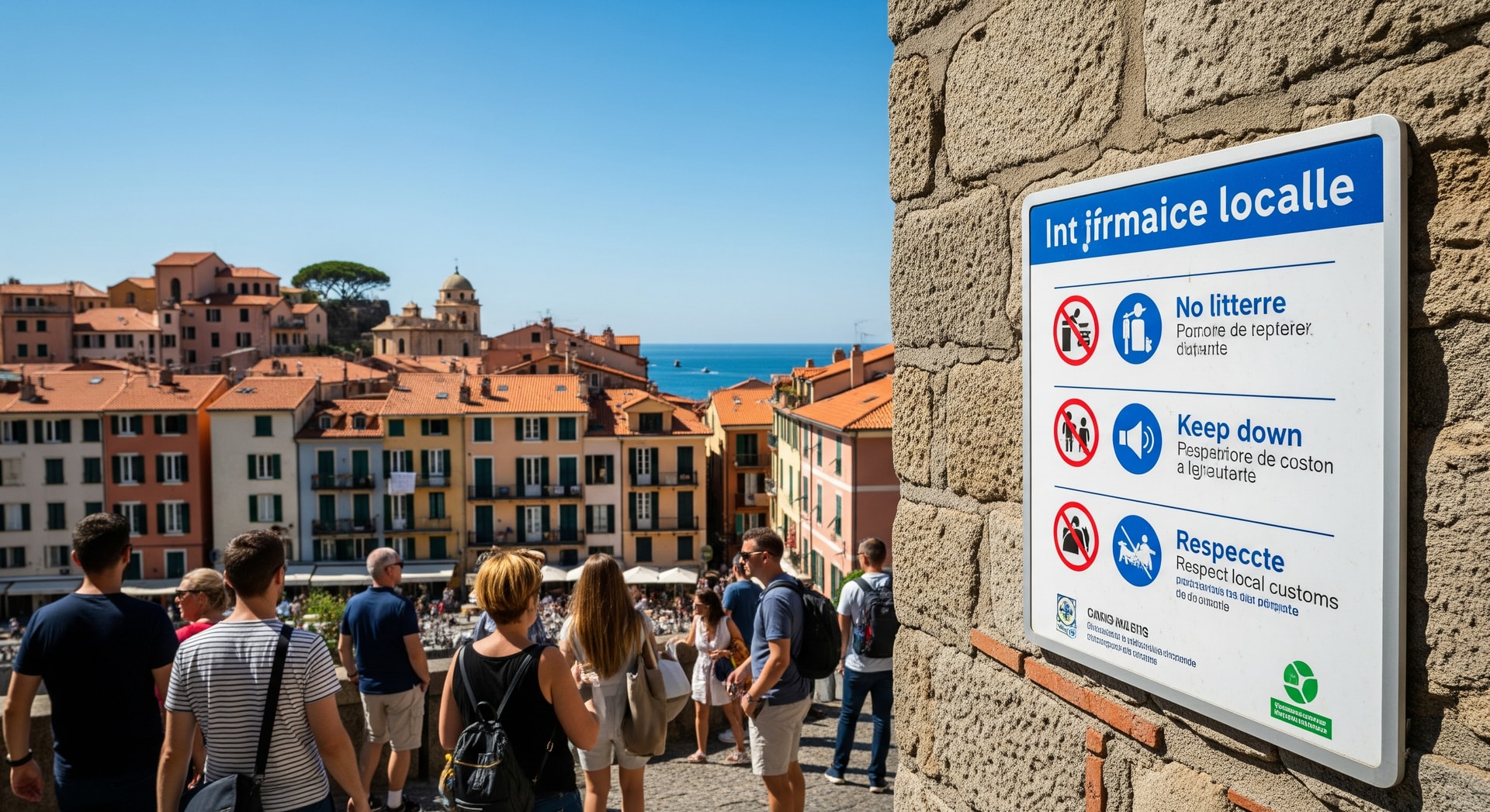 Tourists in a European coastal city with signage indicating local conduct rules