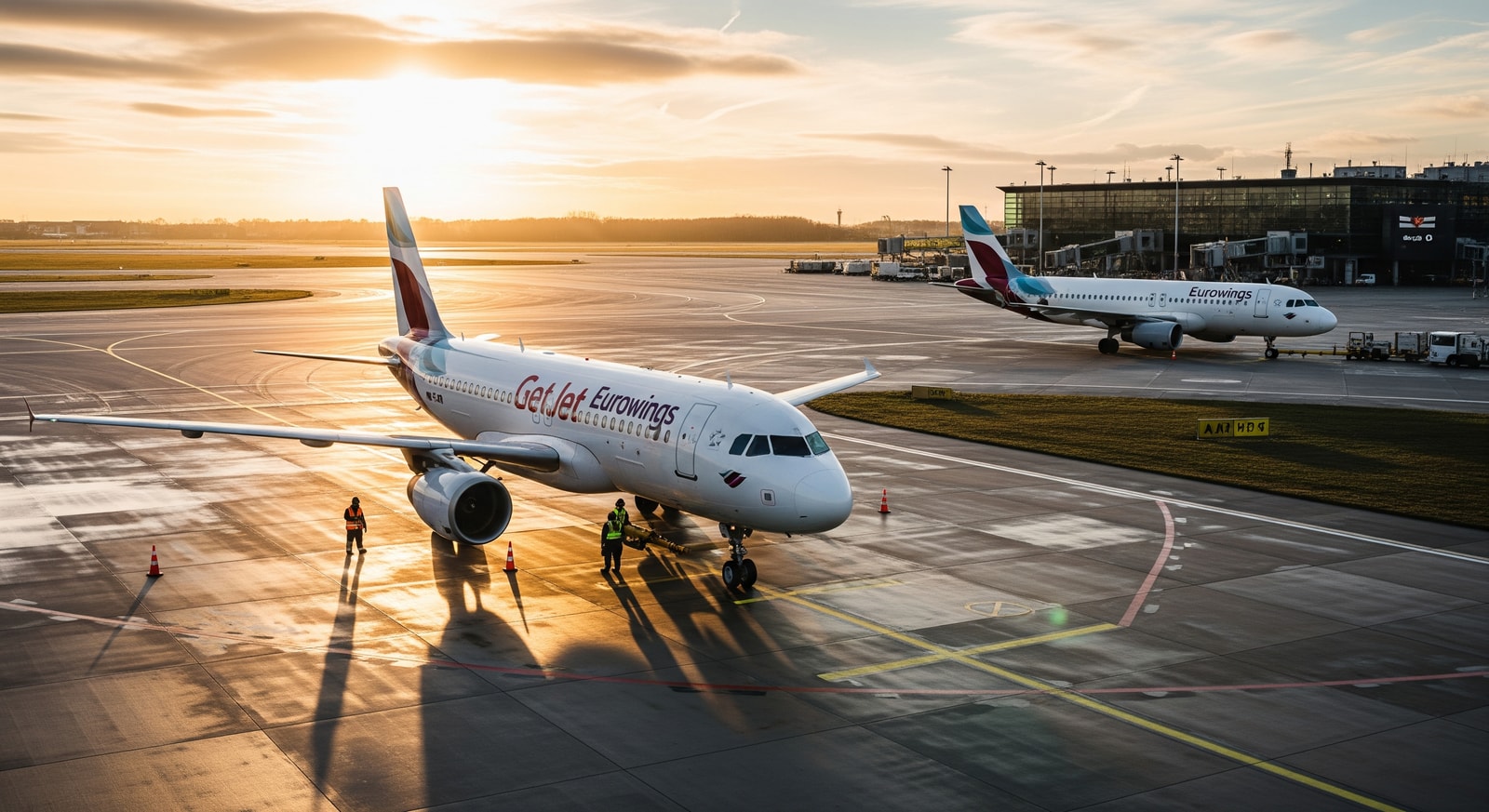 GetJet Airbus A320s preparing for departure at Hamburg Airport to operate Eurowings-branded flights