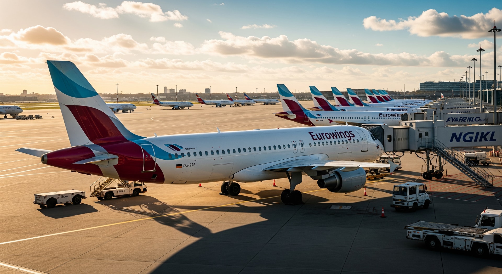 Eurowings branded aircraft at Hamburg Airport with an Airbus A320 lineup