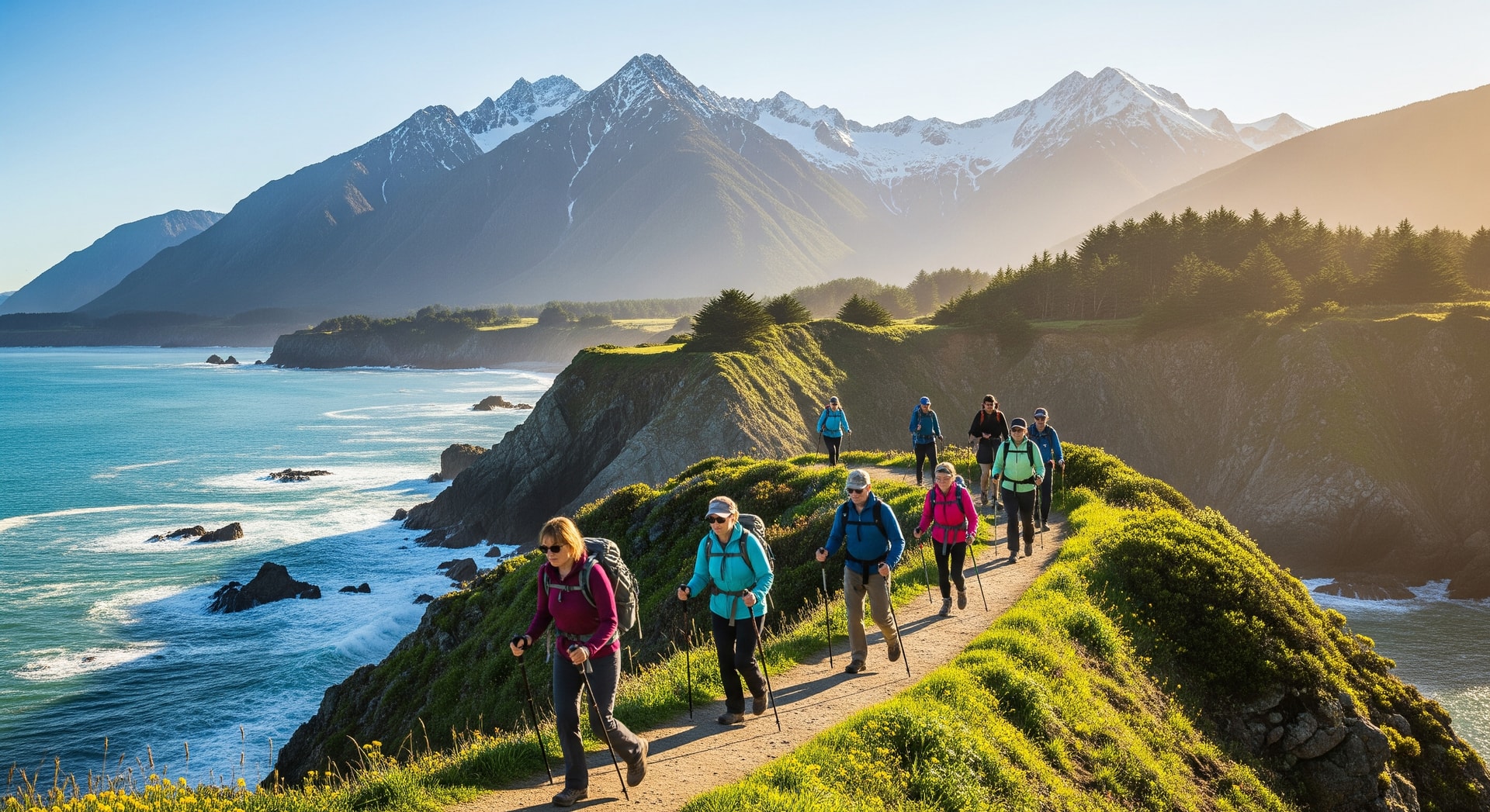 Small-group travellers hiking along a coastal trail with mountains in the background, representing Exodus Adventure Travels 2026 tours