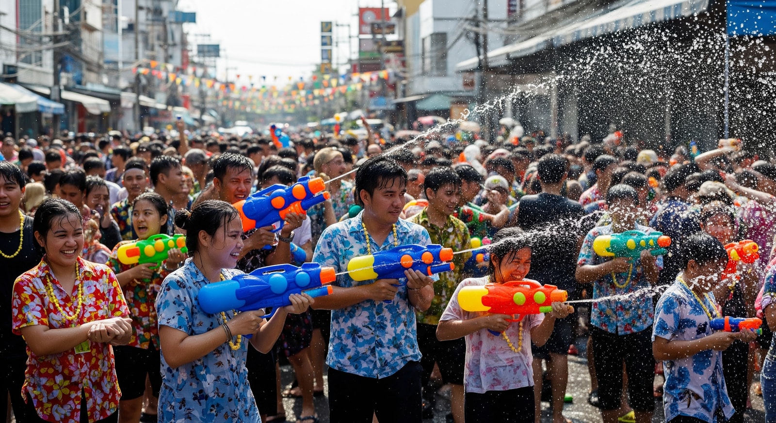 Crowd in Thailand celebrating Songkran with water guns and splashing in a city street