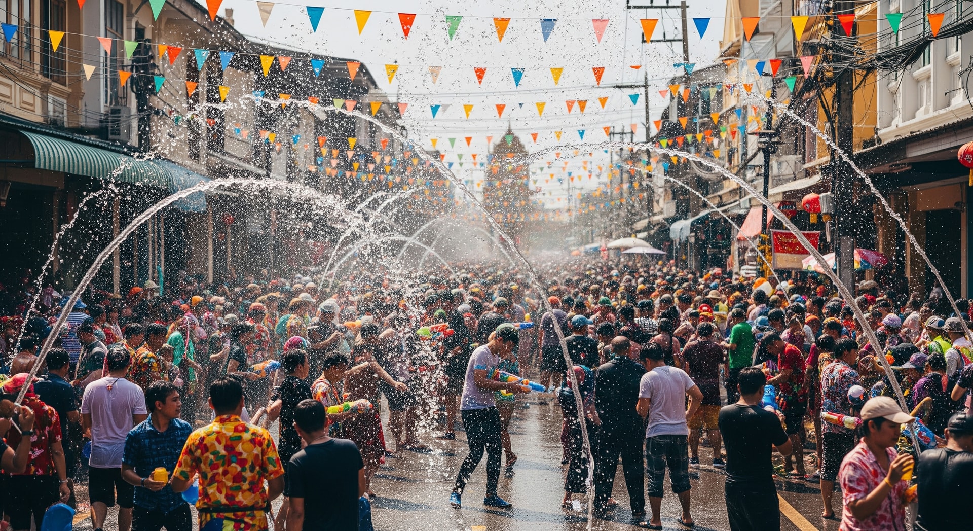 Crowds celebrating Songkran with water splashes on a busy Thai street during the festival