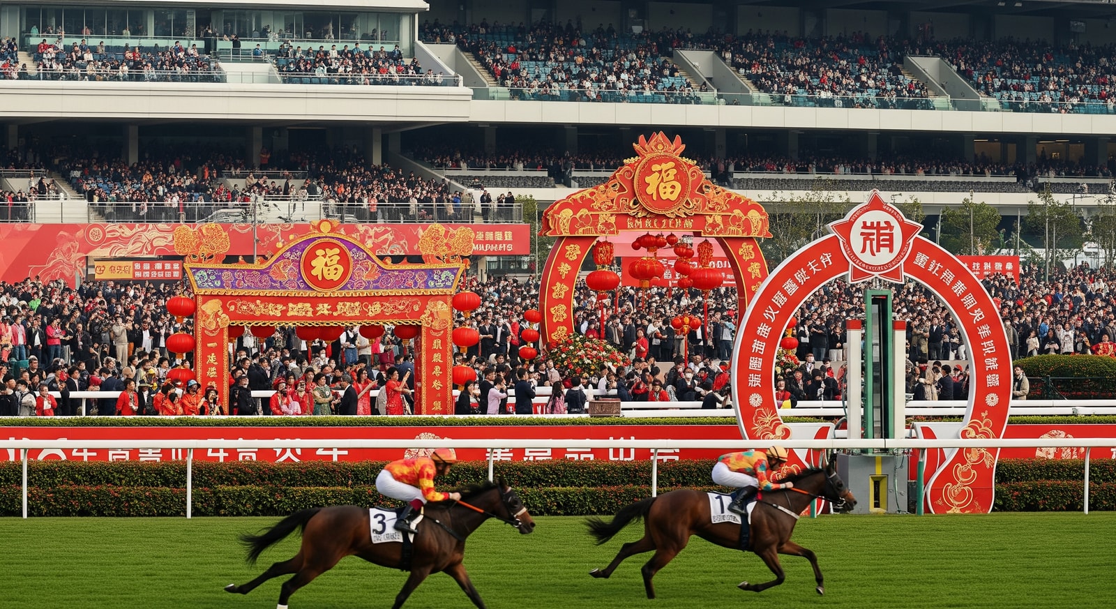 Festive decorations and crowds at Sha Tin Racecourse during a Chinese New Year raceday in Hong Kong