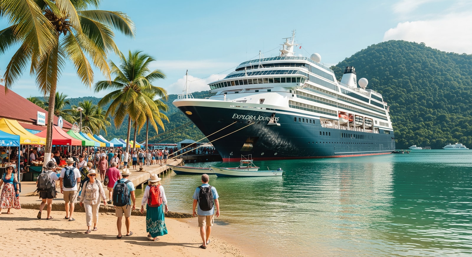 Explora Journeys ship visiting a tropical port with passengers ashore