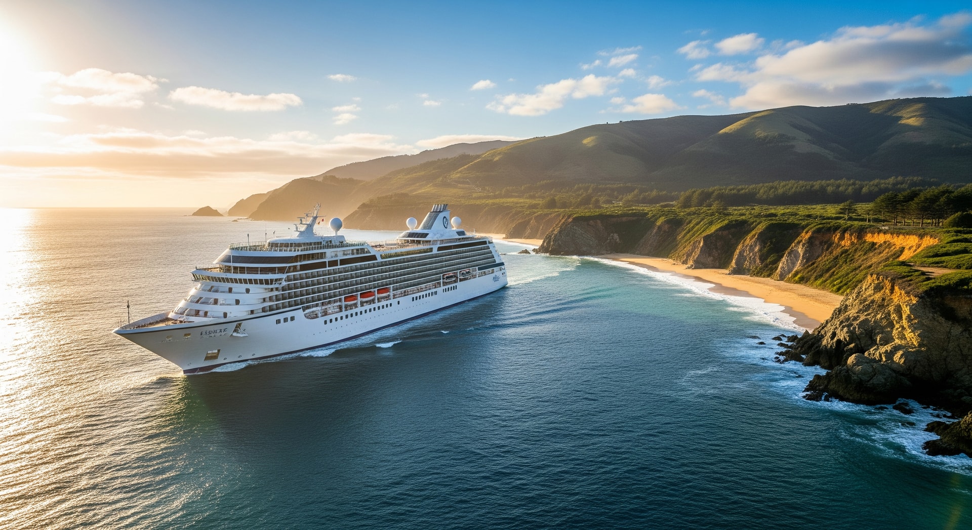 Explora Journeys ship cruising past sunlit coastline