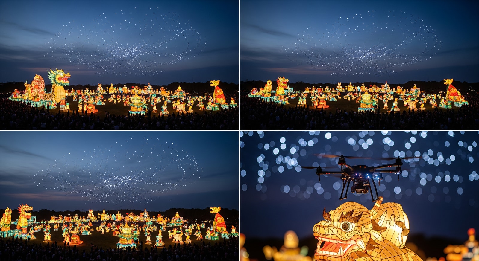 Illuminated lantern installations and drone lights over Chiayi festival grounds during the Taiwan Lantern Festival