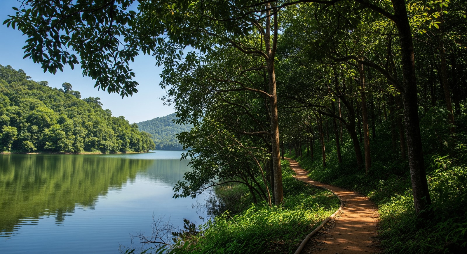 Eco-tourism landscape in Telangana with forest trails and a calm lake, highlighting nature travel and sustainable tourism