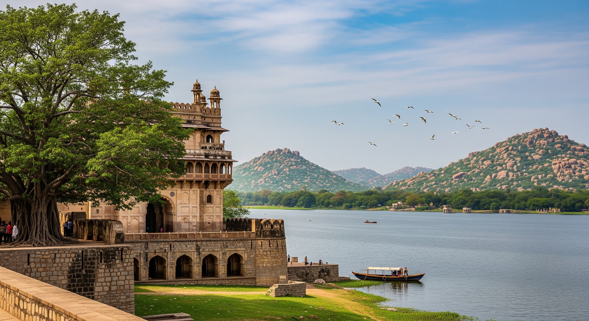 A scenic view representing Telangana tourism, blending heritage architecture with natural landscapes