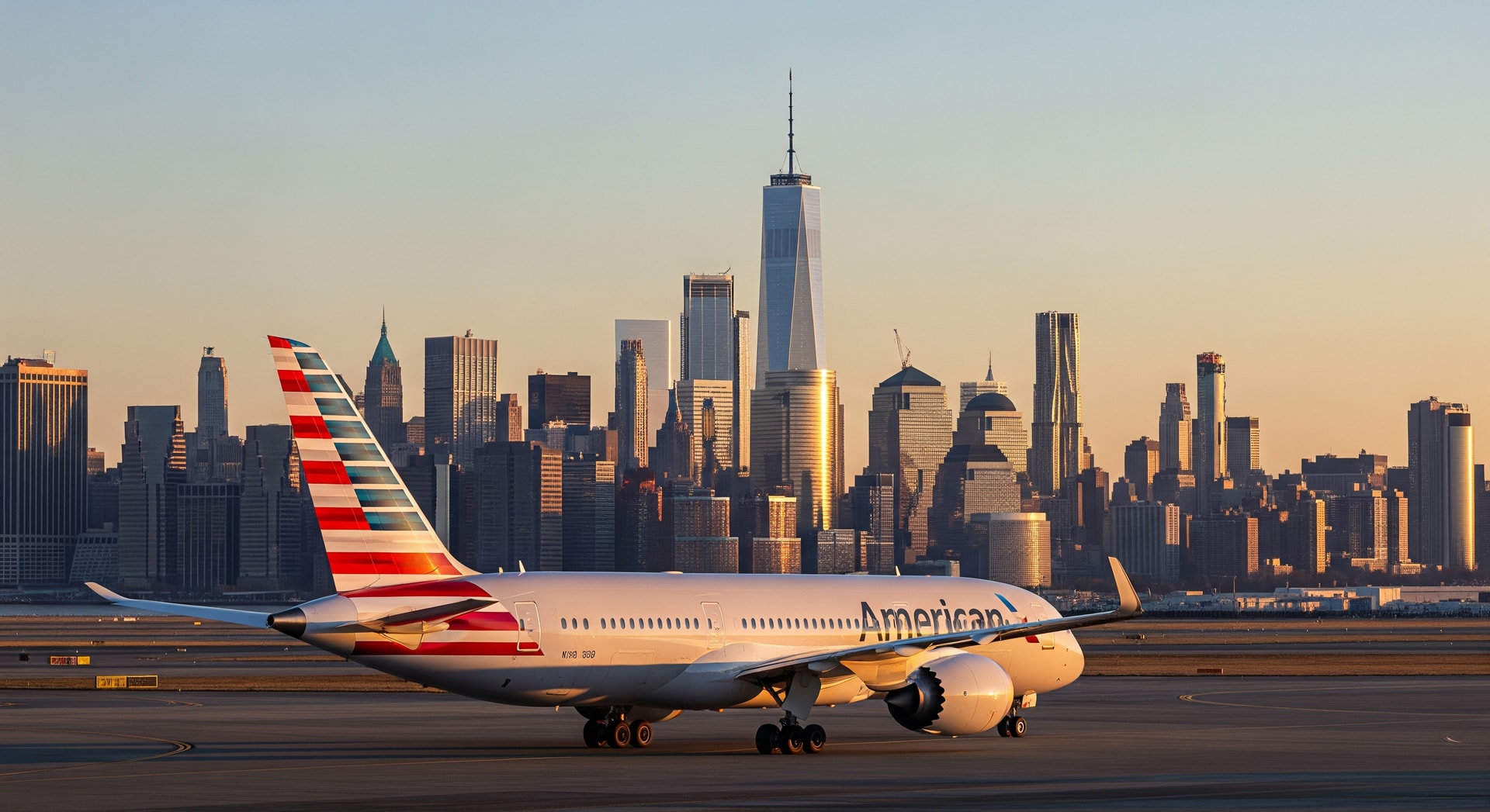 American Airlines jet at JFK airport with skyline, indicating new nonstop routes to Calgary and Québec City
