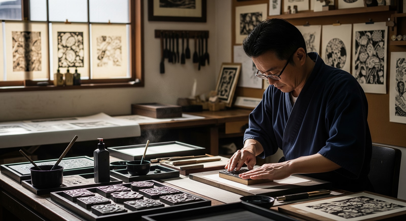 Artisan demonstrating traditional woodblock printing in Mukojima workshop near Sumida River, Tokyo