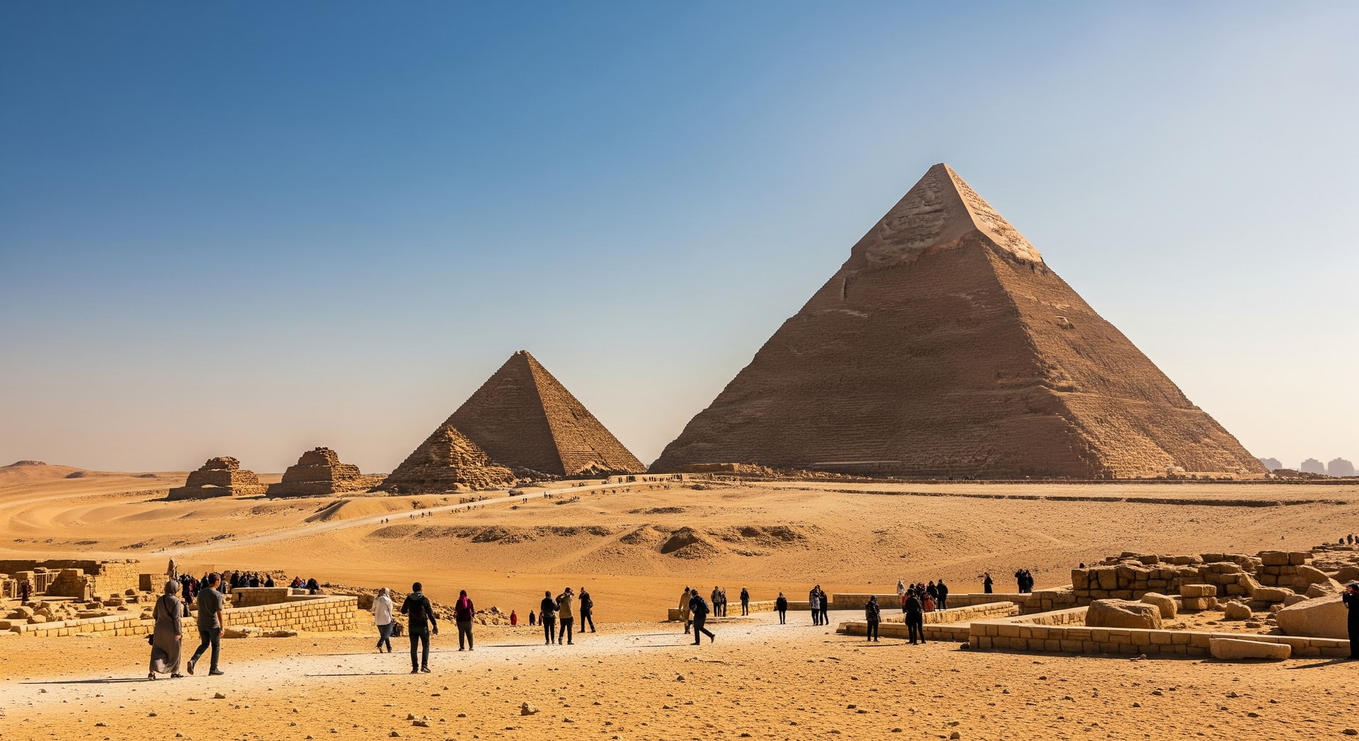 Tourists visiting the Pyramids of Giza with clear skies