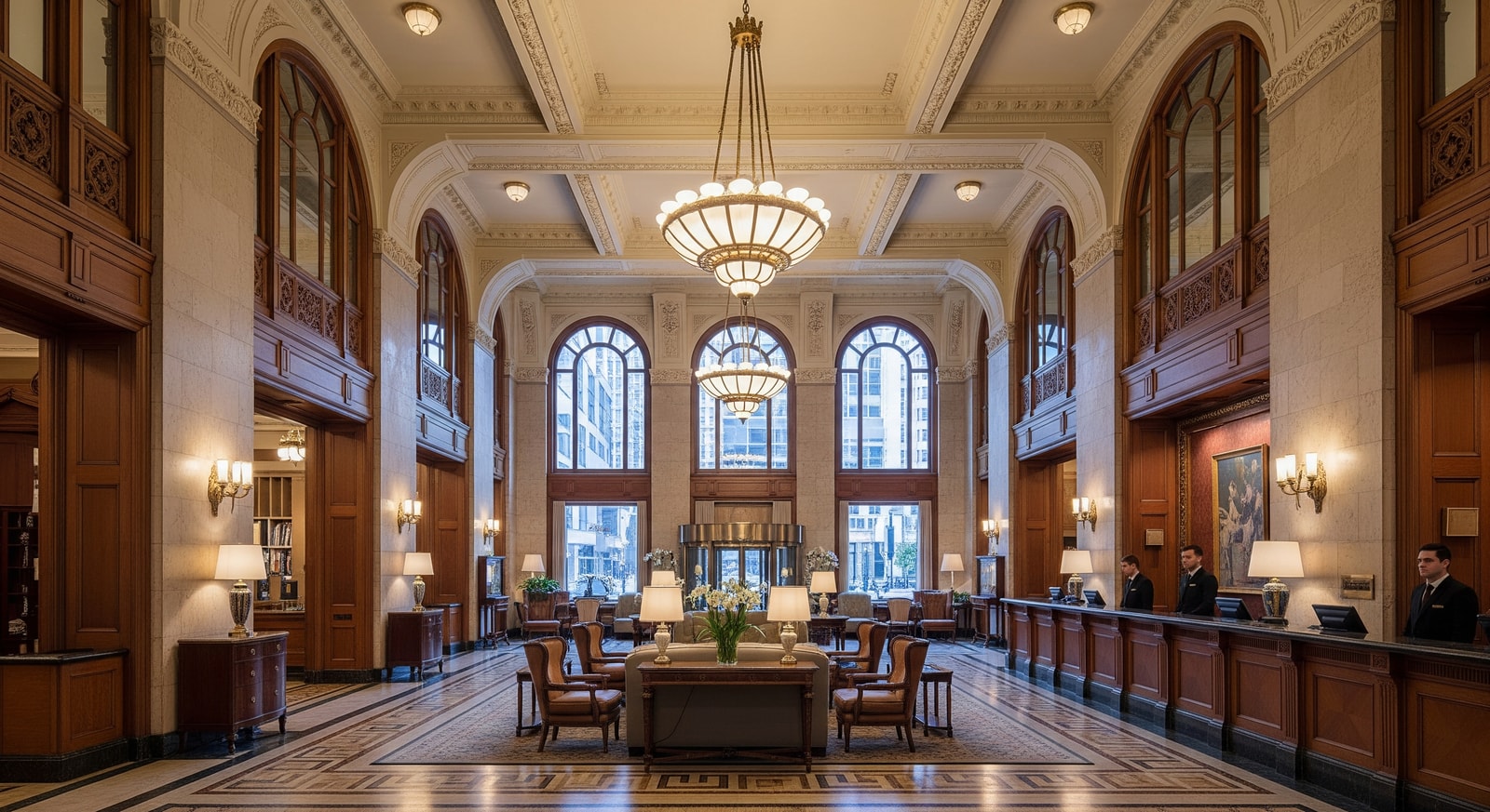 Lobby and heritage interior of Fairmont Hotel Vancouver, showcasing historic architecture and guest service areas