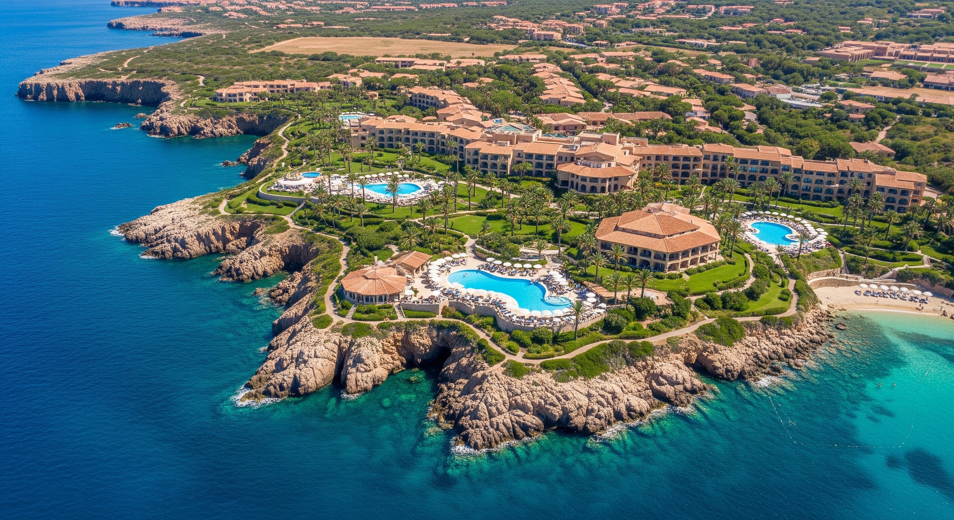 Aerial view of Arbatax Park Resort on Sardinia's eastern coast, showing cliffs, blue water and resort grounds