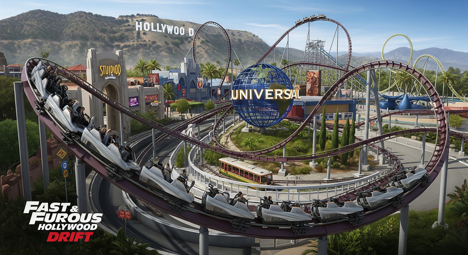 Concept artwork of the Fast & Furious Hollywood Drift coaster weaving through Universal Studios Hollywood