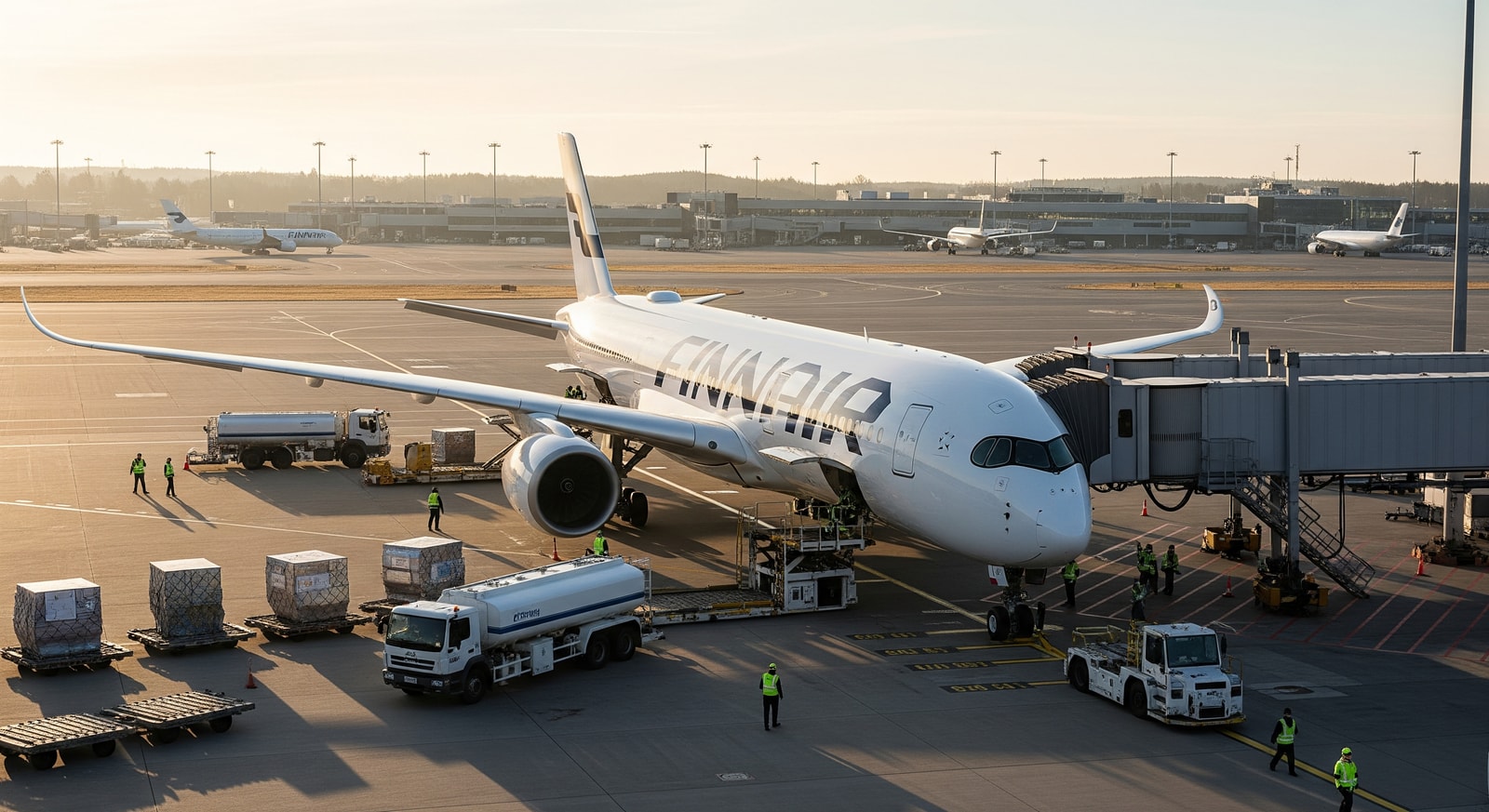 Finnair aircraft at Helsinki-Vantaa Airport preparing for departure, showing airline livery and apron activity