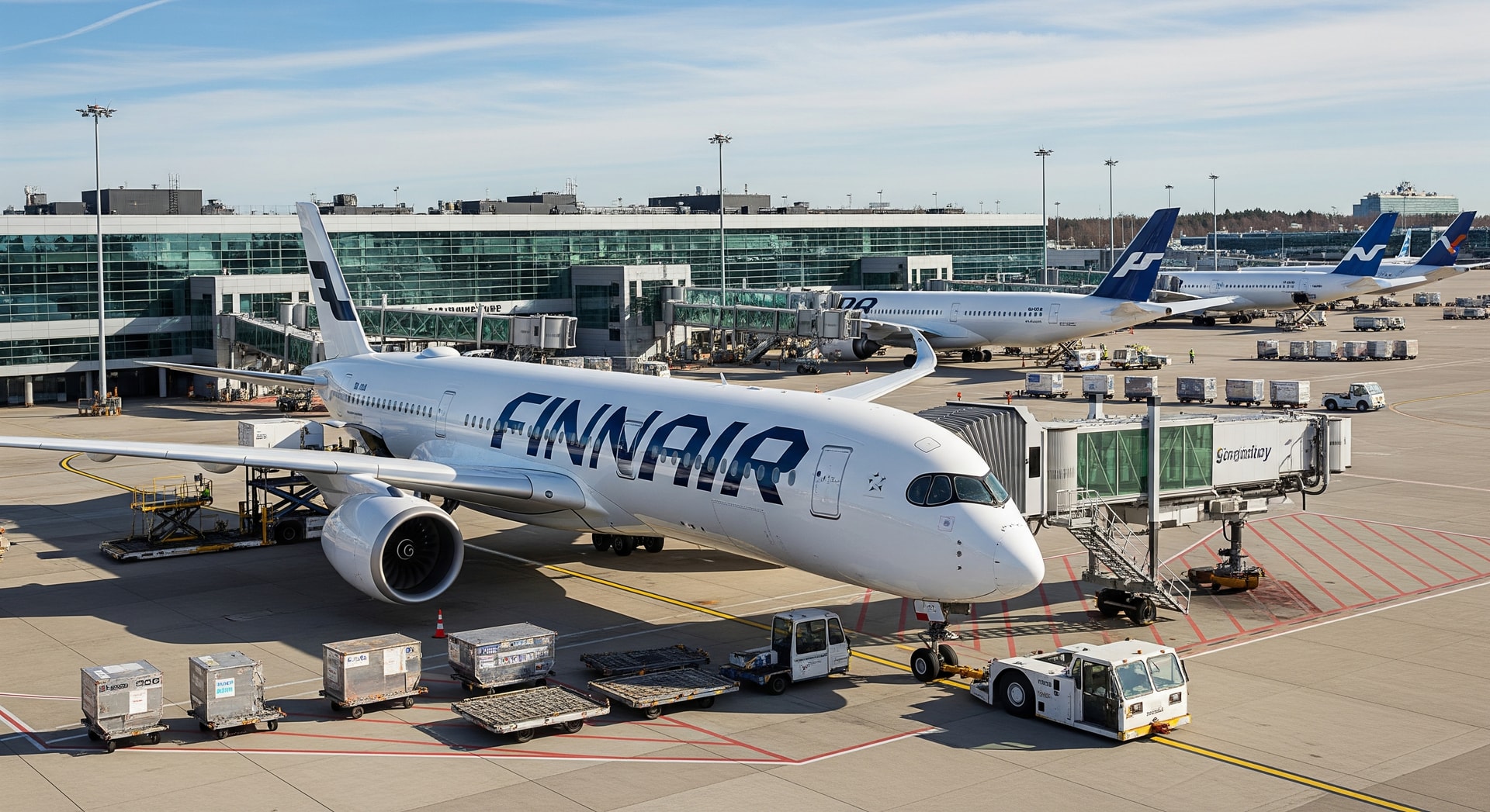 Finnair aircraft at Helsinki airport with terminal and apron activity in the background