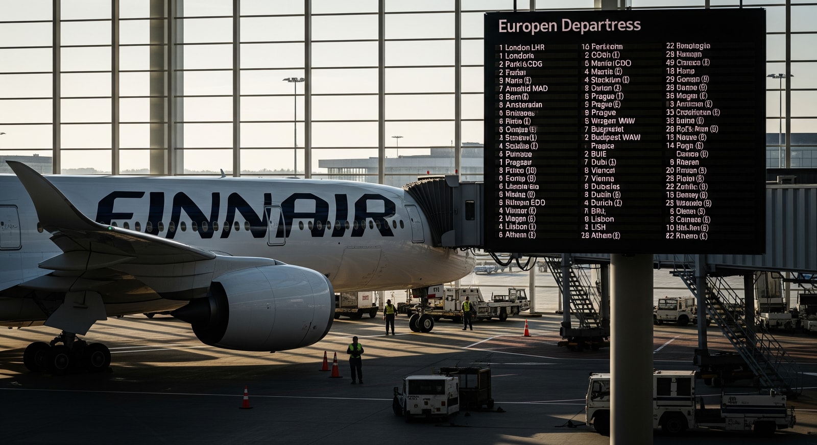 Finnair flight preparing for departure at Helsinki Airport, illustrating expanded European route network