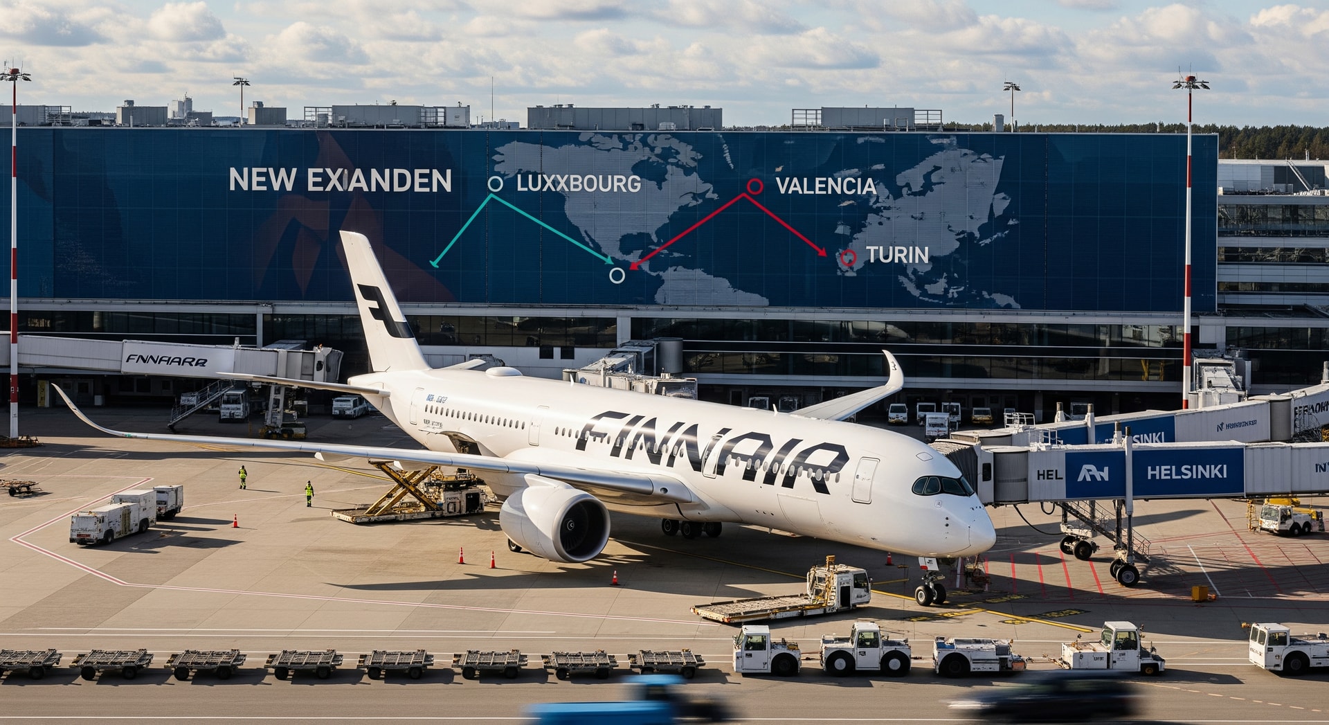 Finnair aircraft at Helsinki Airport, illustrating expanded routes to Luxembourg, Valencia and Turin