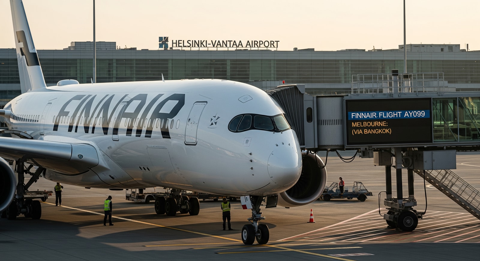 Finnair A350 preparing for long-haul departure, illustrating the new Helsinki to Melbourne connection via Bangkok