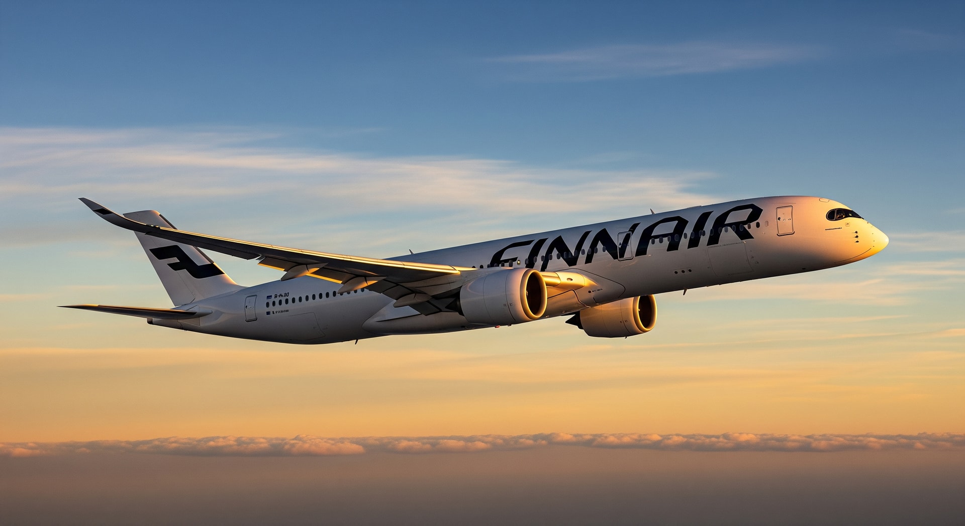 Finnair Airbus A350 in flight with a backdrop of dawn sky representing long-haul connectivity