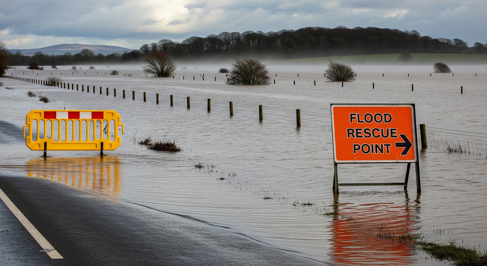 Flooded road and fields in southern England after heavy rainfall, with barriers and rescue signage