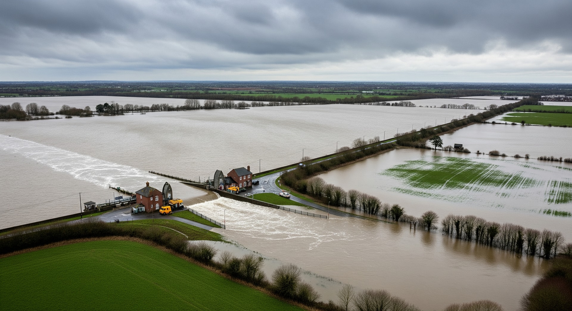 Flood barriers and saturated fields in the UK as winter storms affect communities