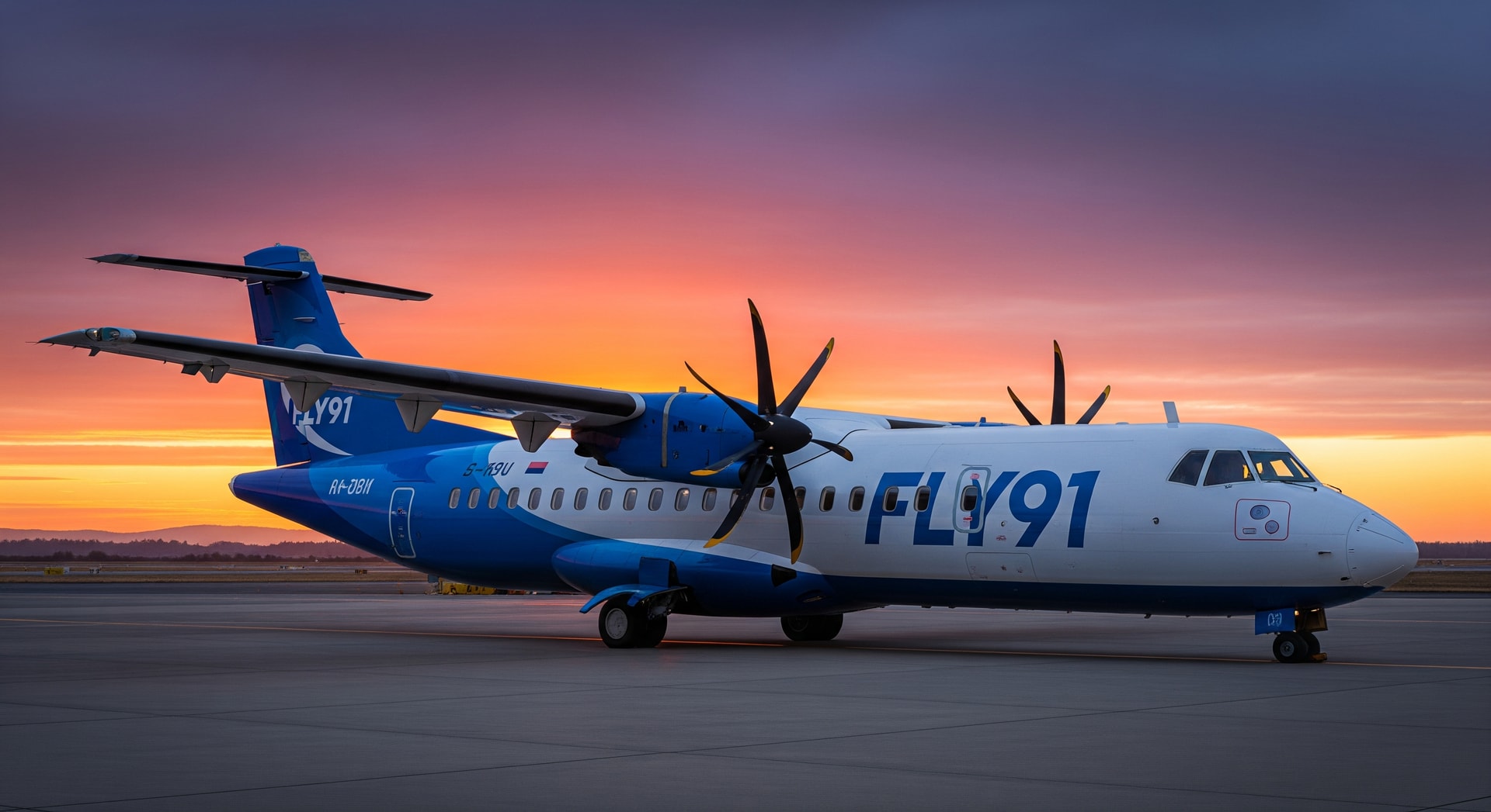 FLY91 ATR 72‑600 turboprop on the tarmac ready for regional service