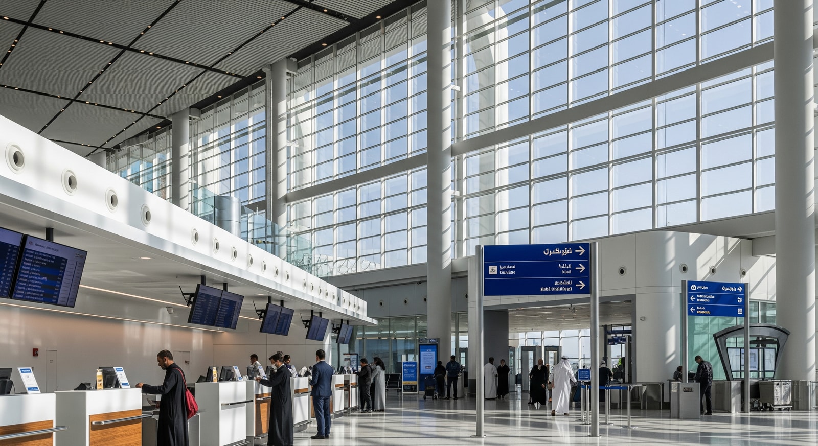 Interior concourse of Terminal 5 at King Khalid International Airport showing passenger processing areas and digital signage