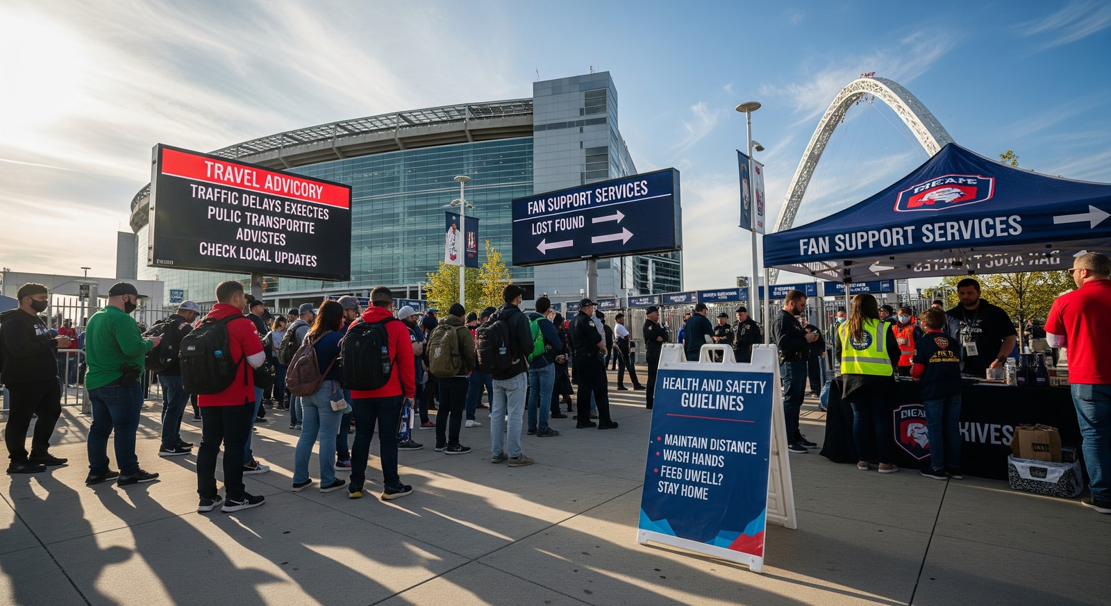 Fans queuing outside a U.S. stadium with travel advisories in mind and support services visible