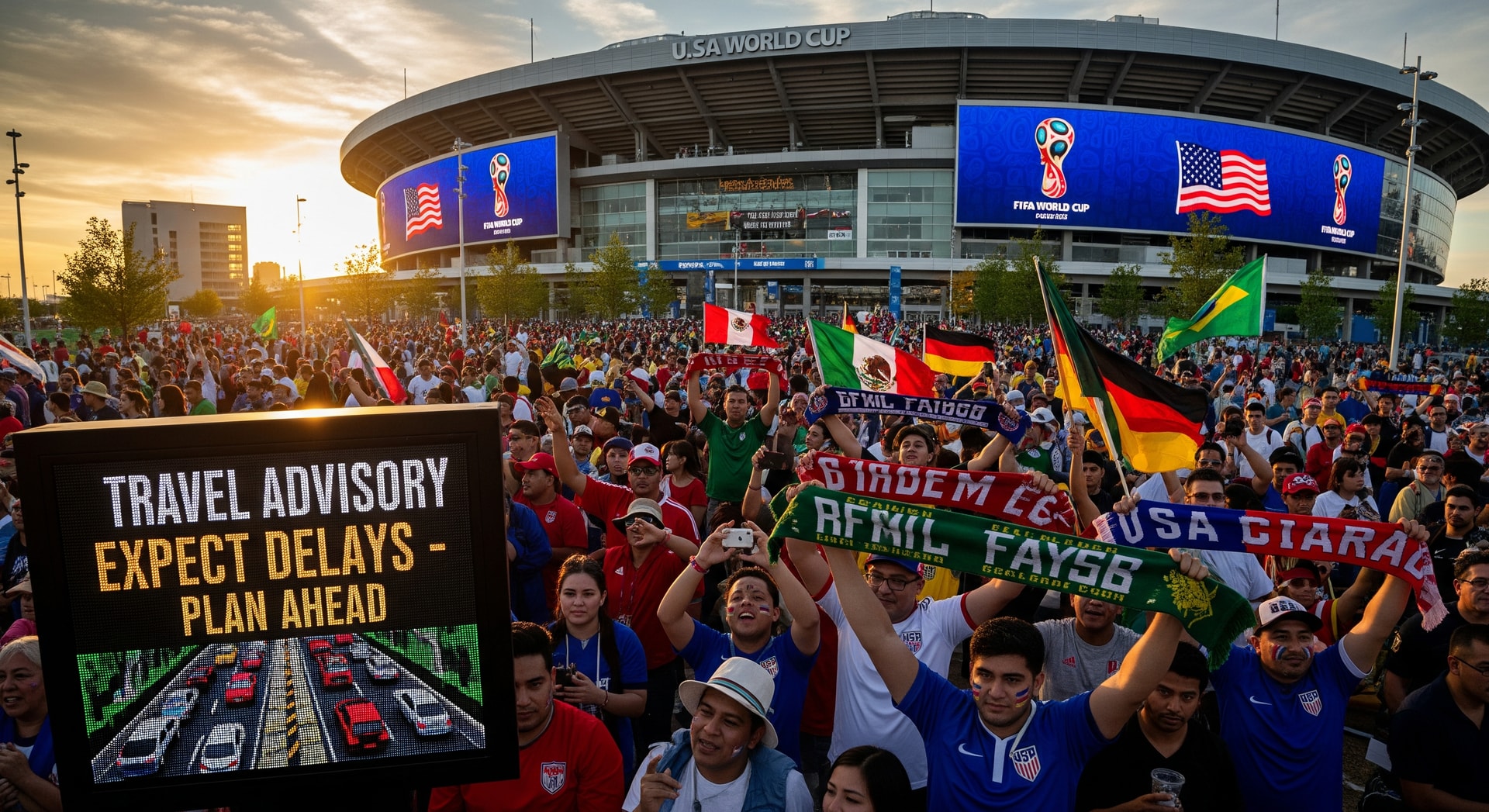 Crowds outside a U.S. stadium ahead of FIFA World Cup with travel advisory concept