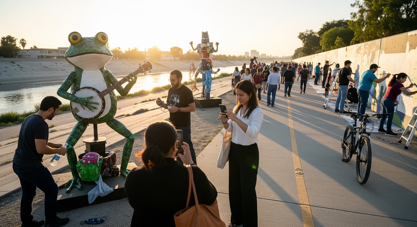 Attendees exploring art installations and community activities along the Los Angeles River during Frogtown Heart Walk