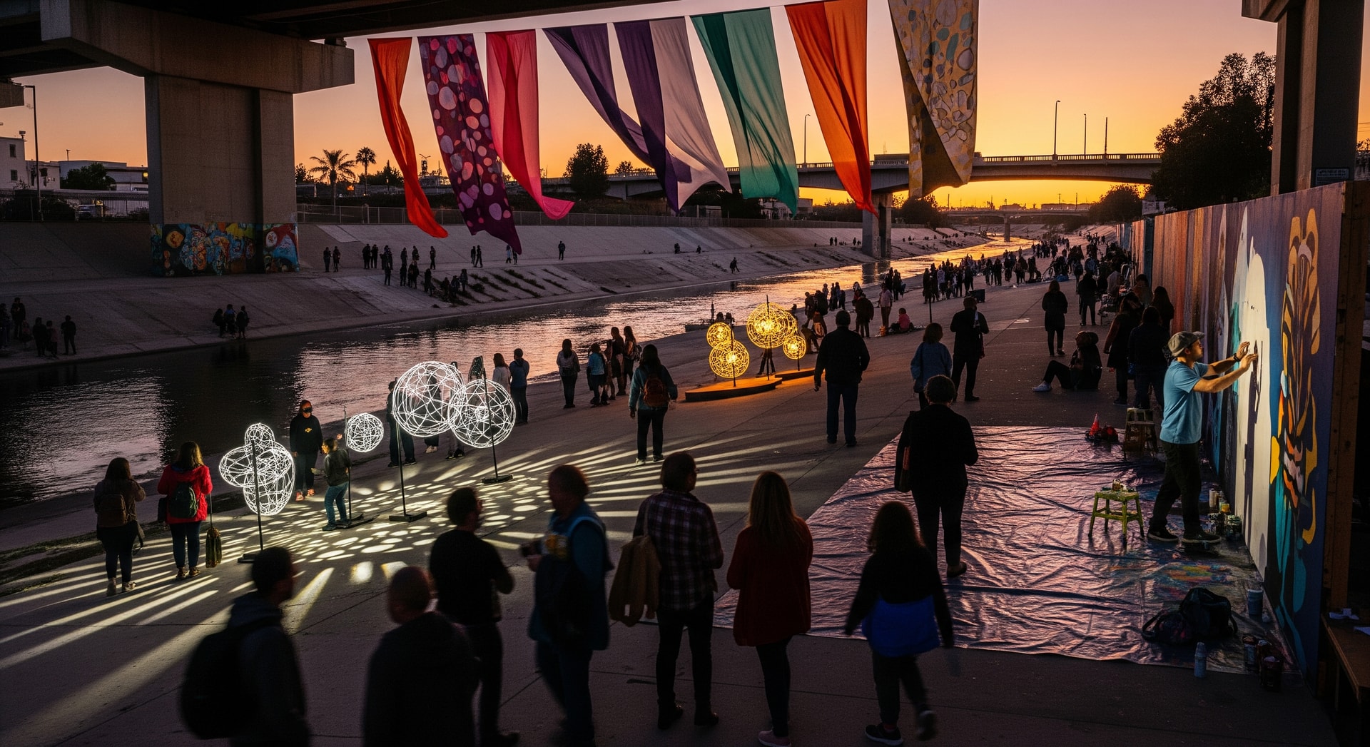 Crowds enjoying art installations along the Los Angeles River during a community arts walk in Frogtown