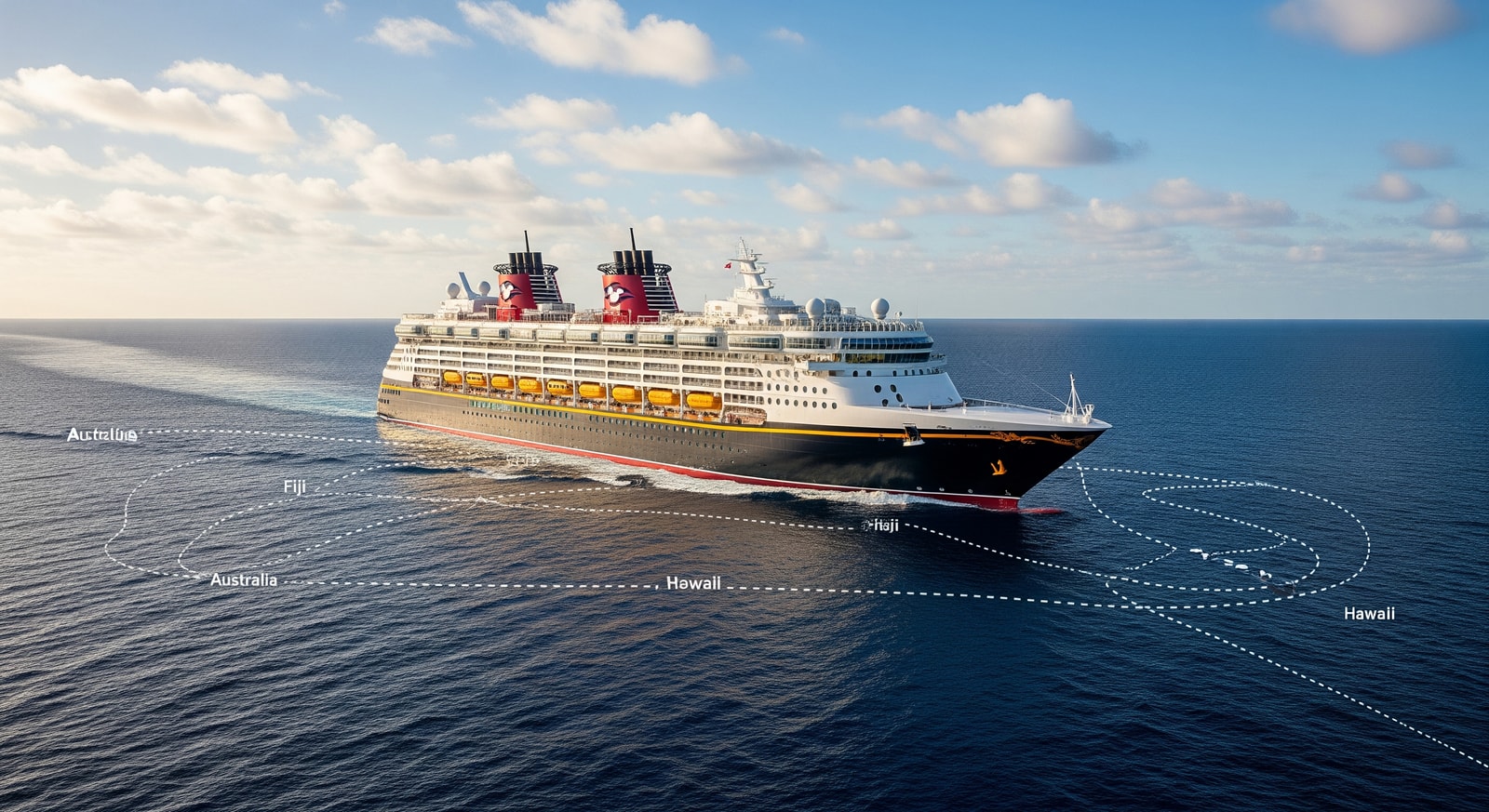 Disney Wonder sailing in the Pacific during its repositioning voyage, illustrating routes between Australia, Pacific islands, Hawaii and the US