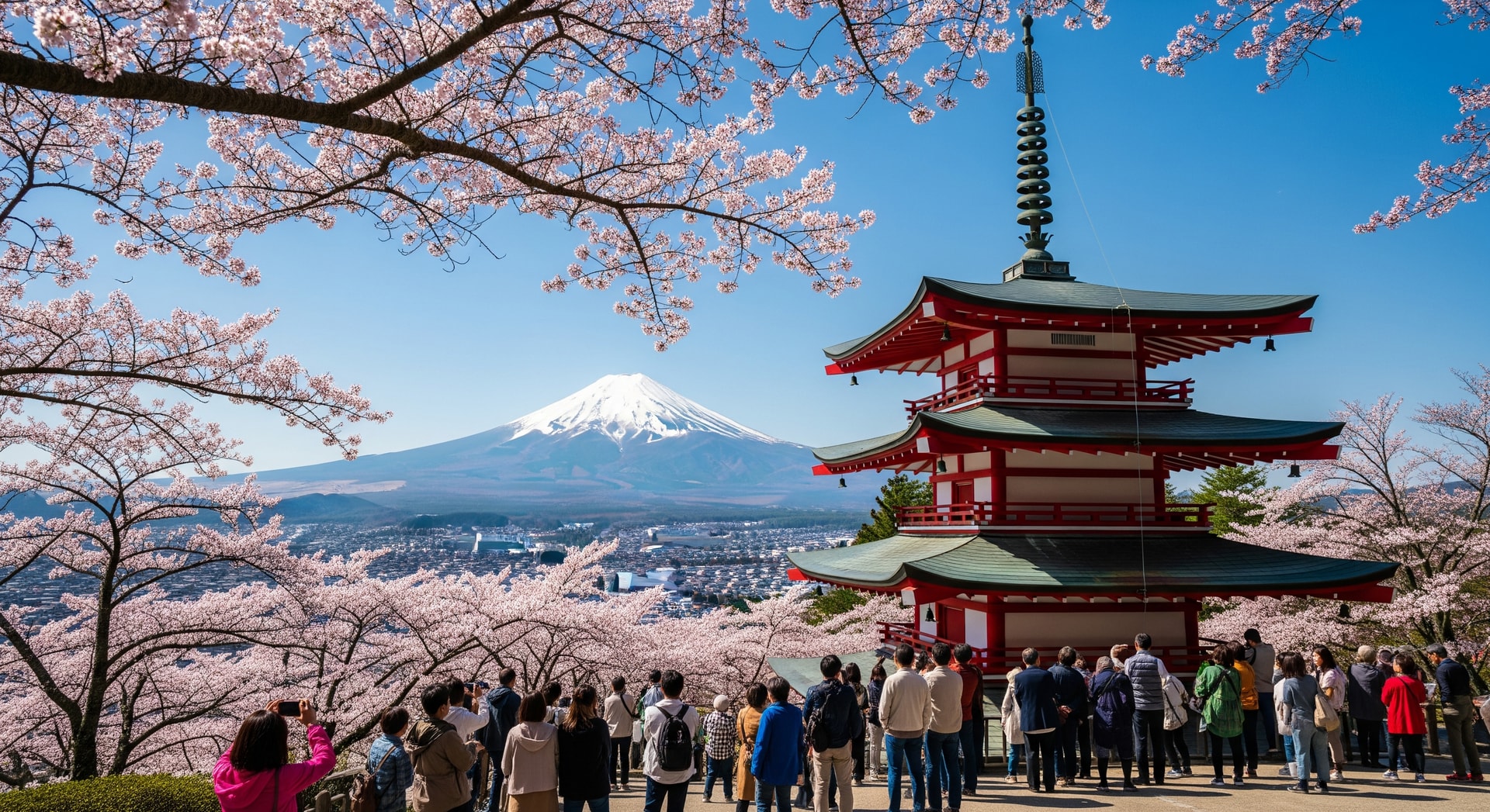 Visitors viewing cherry blossoms at Chureito Pagoda with Mount Fuji in the distance