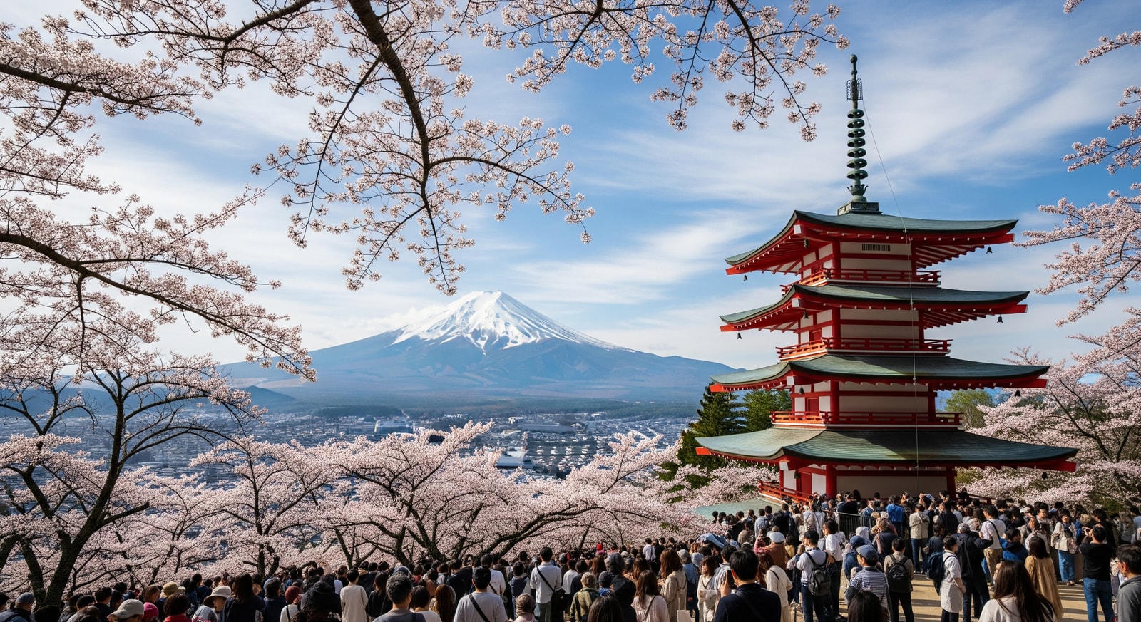 Crowds gathered at Arakurayama Sengen Park during cherry blossom season with Mount Fuji visible beyond the pagoda