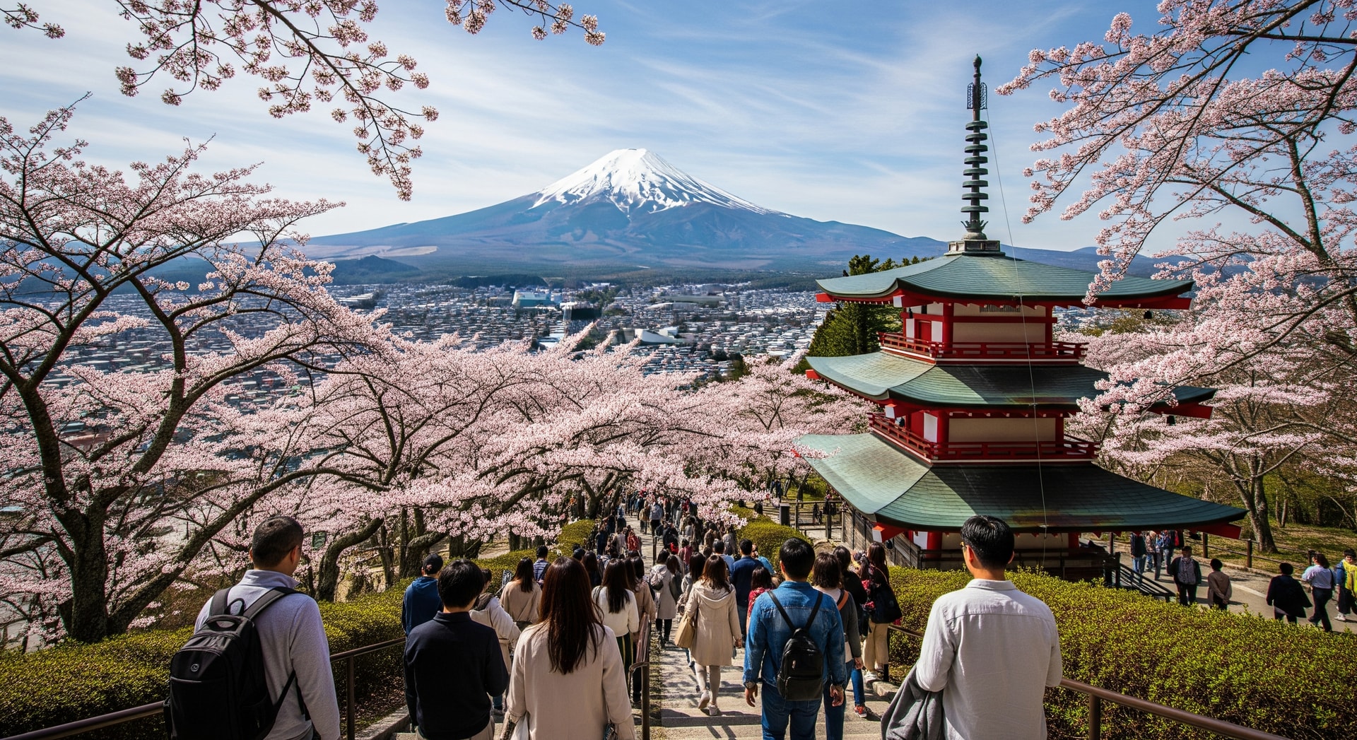 Visitors on the staircase viewpoint at Arakurayama Sengen Park with cherry blossoms and Mount Fuji in the distance