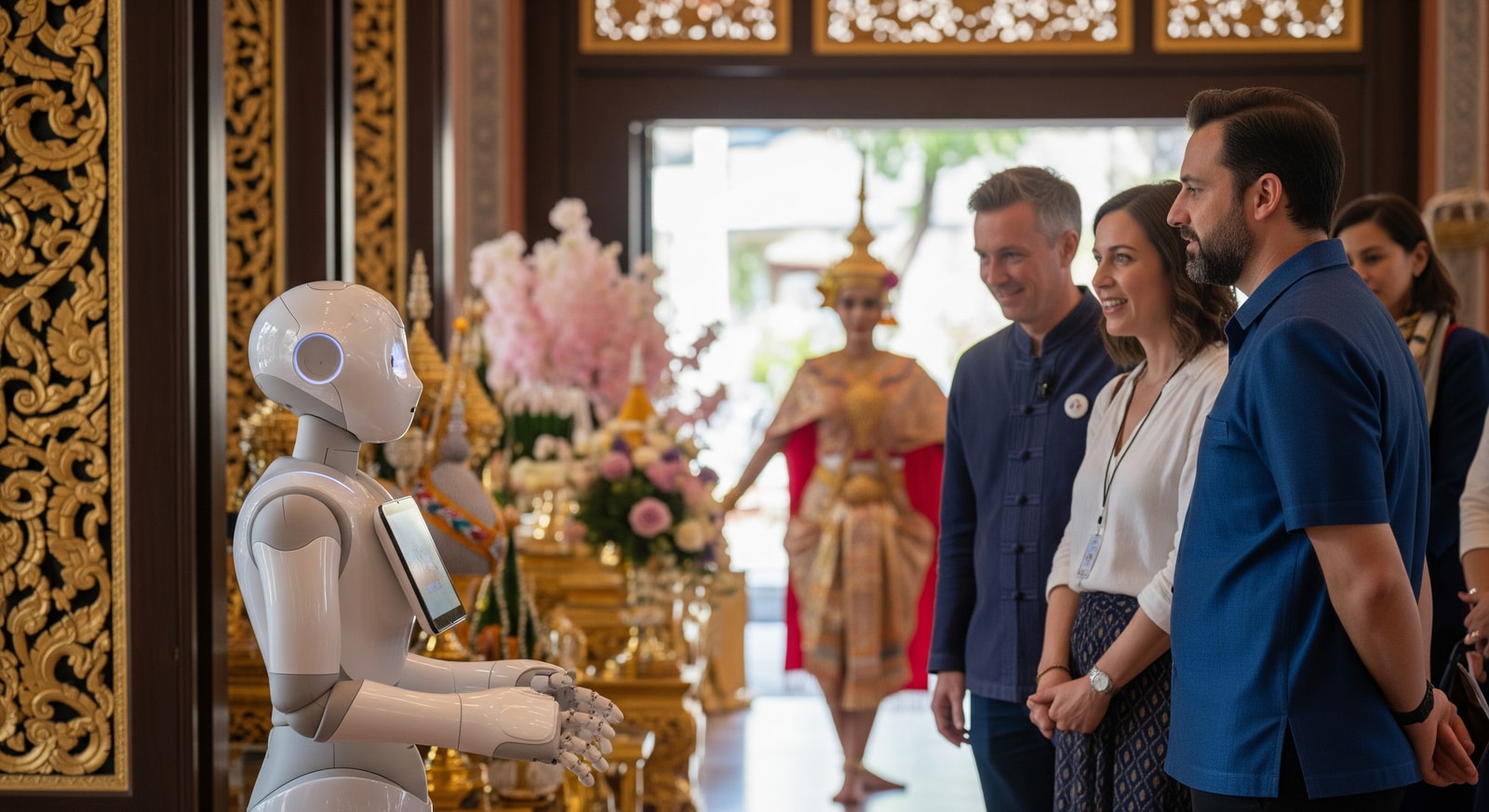 AGIBOT humanoid robot demonstrating multilingual visitor assistance at a Thai cultural event