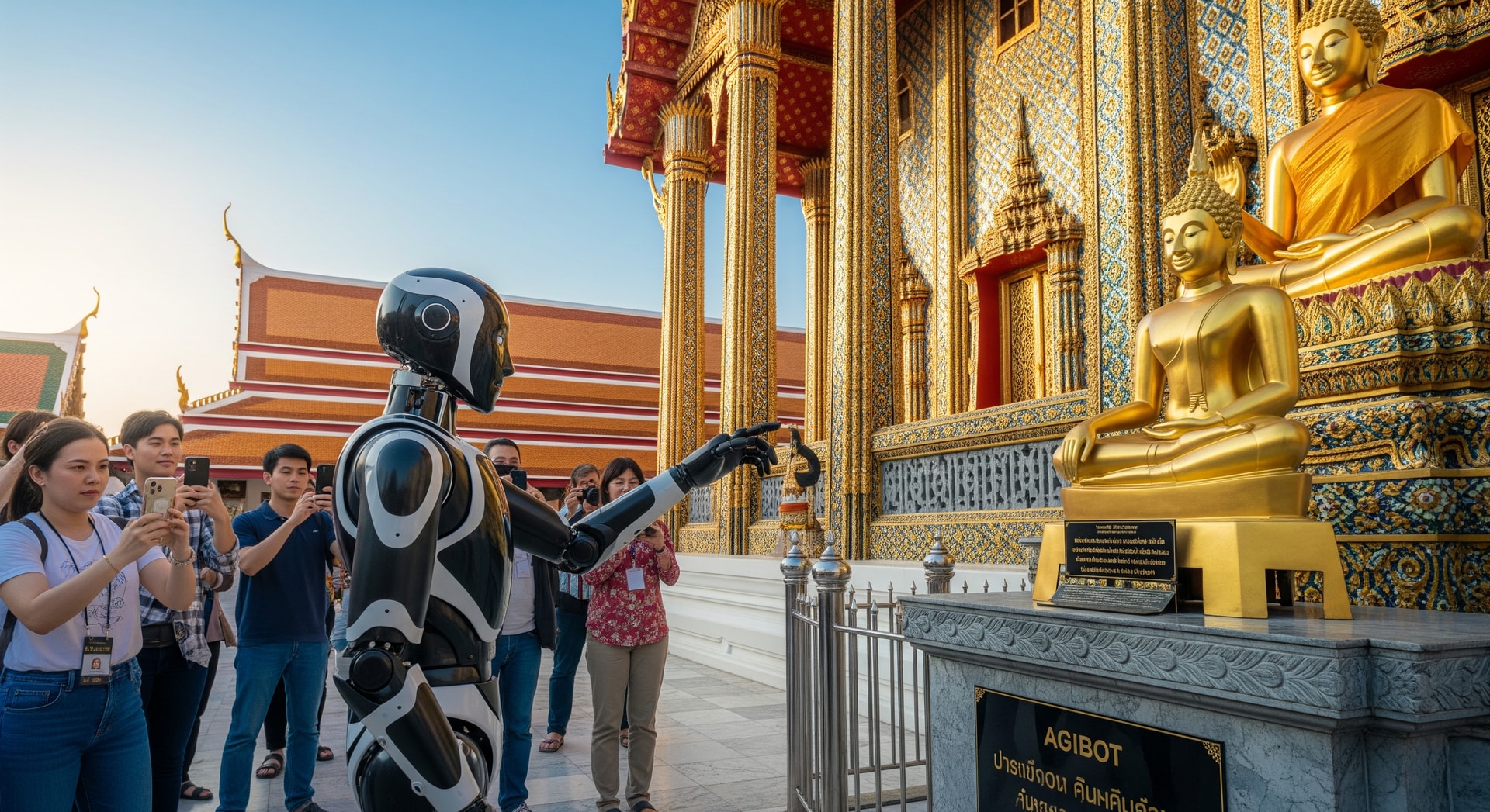 AGIBOT humanoid robot interacting with visitors in a Thai tourism setting