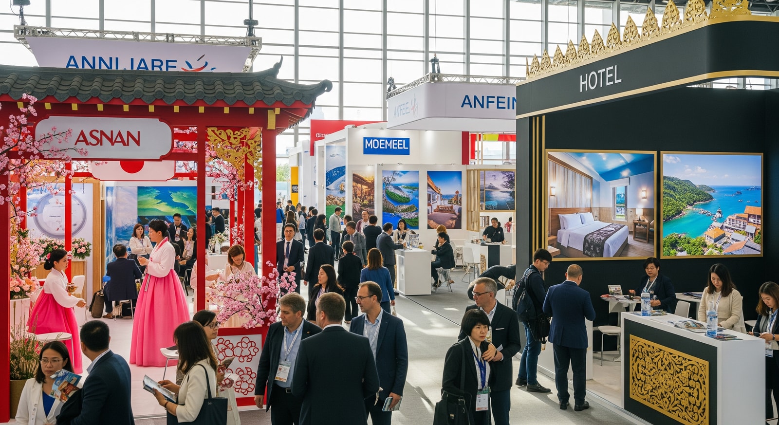 Asian national pavilions and hotel exhibitors at a travel trade show