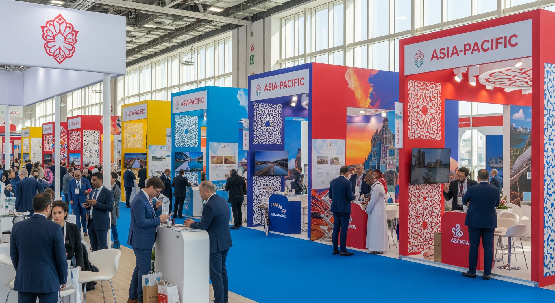 Exhibition hall at Arabian Travel Market showcasing Asia-Pacific pavilions and delegates