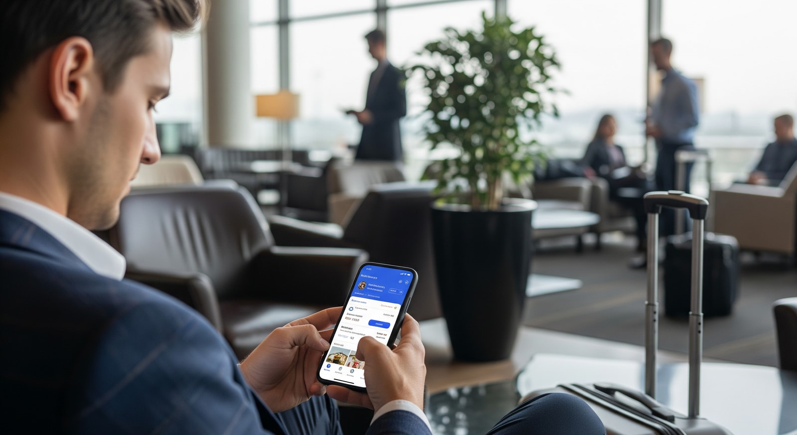 A corporate traveler using a mobile booking app in an airport lounge, reflecting digital-first business travel trends