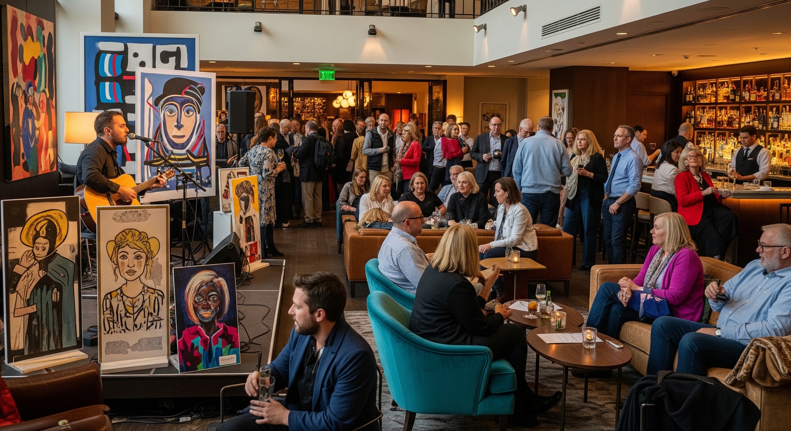 Interior lounge at a lifestyle hotel hosting live music and local art installations