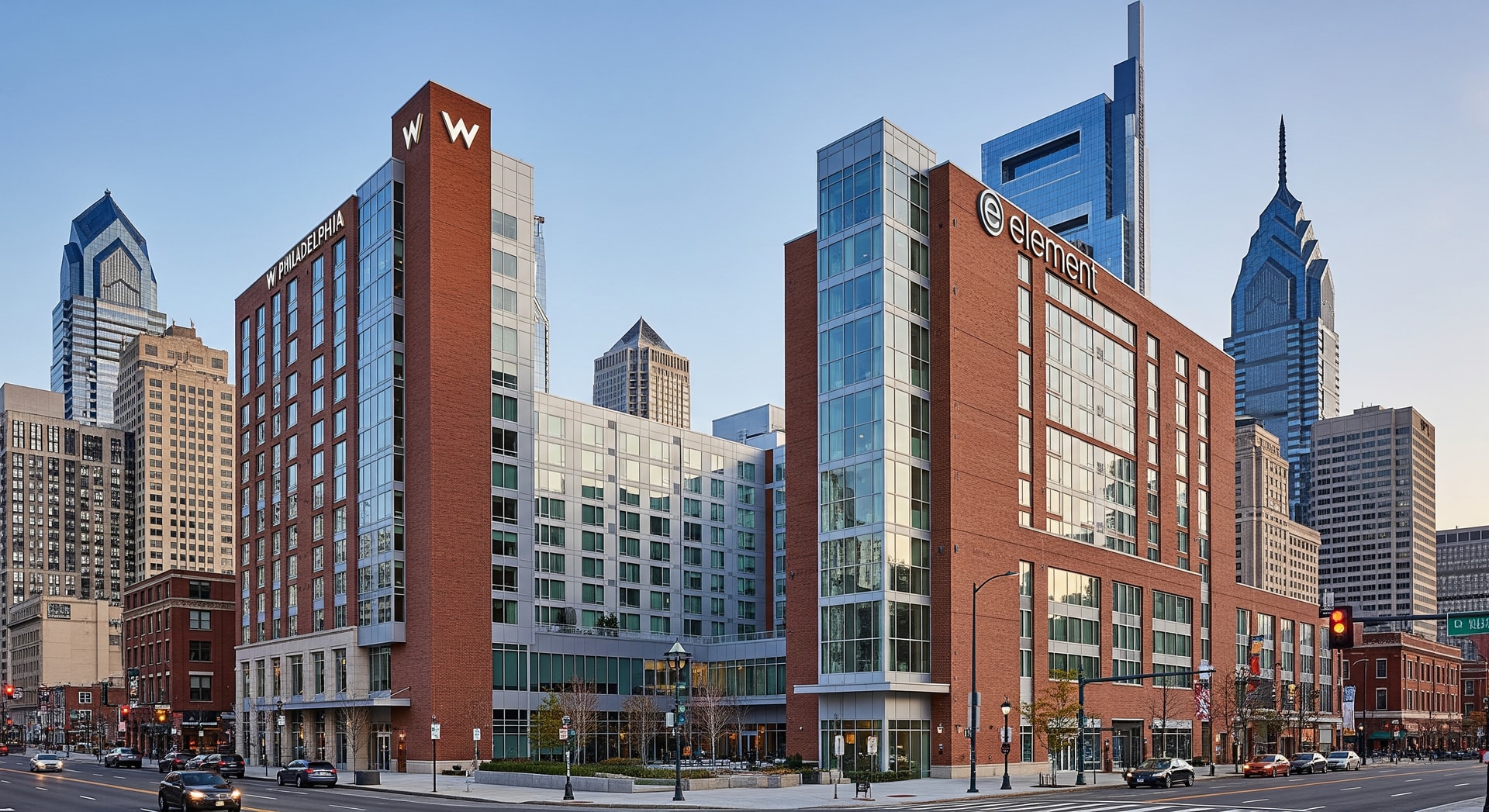 W Philadelphia and Element Philadelphia Downtown hotel exteriors against the city skyline