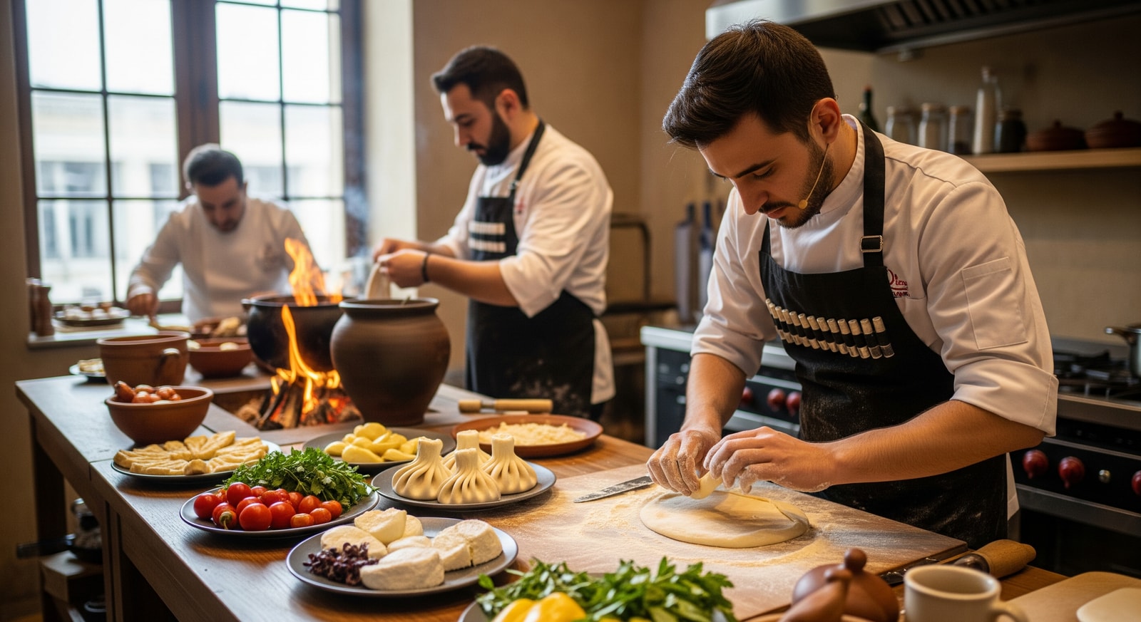 Georgian chefs demonstrating traditional cooking techniques at Madrid Fusión
