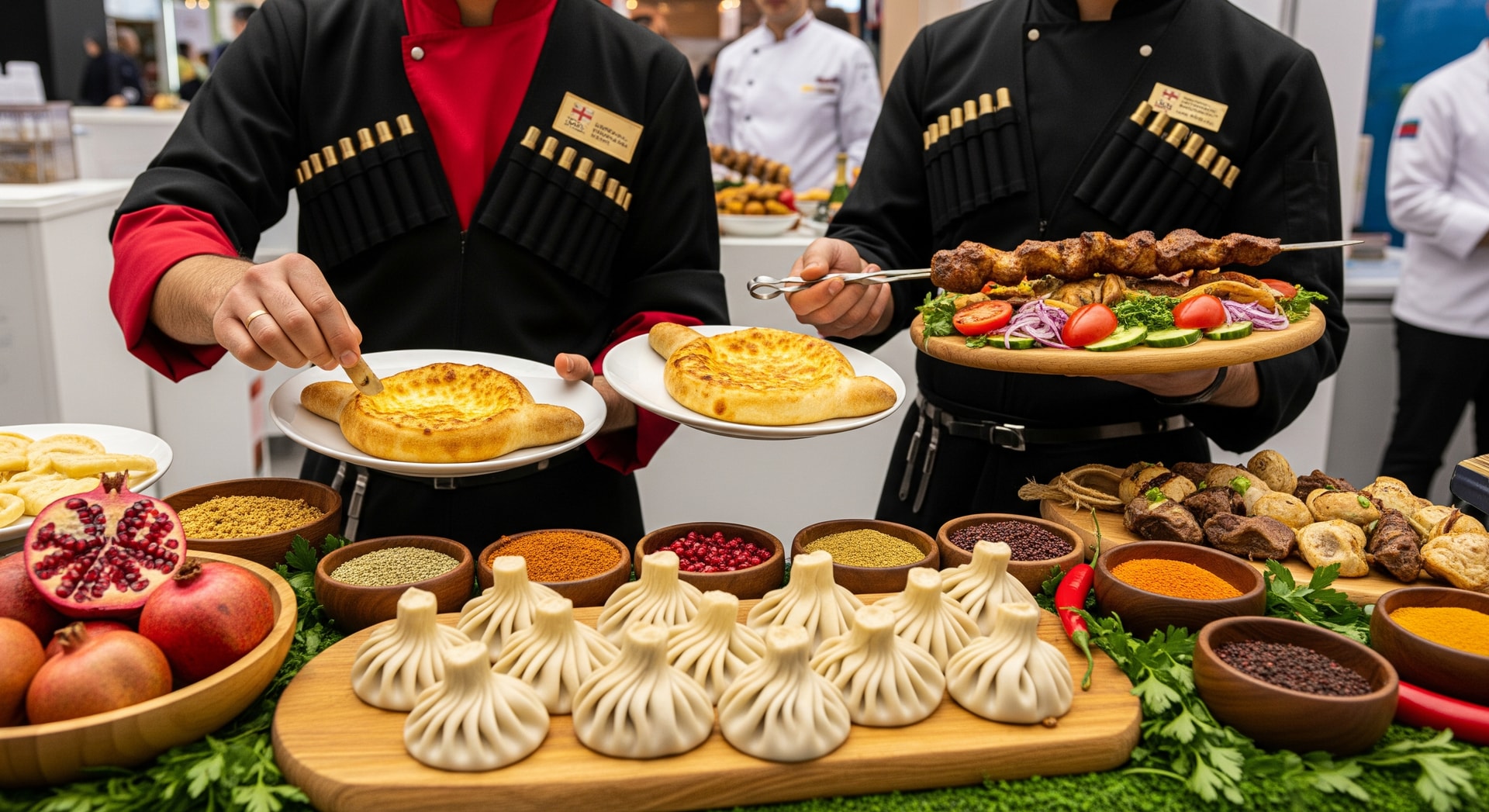 Georgian chefs presenting traditional dishes at an international food fair in Madrid