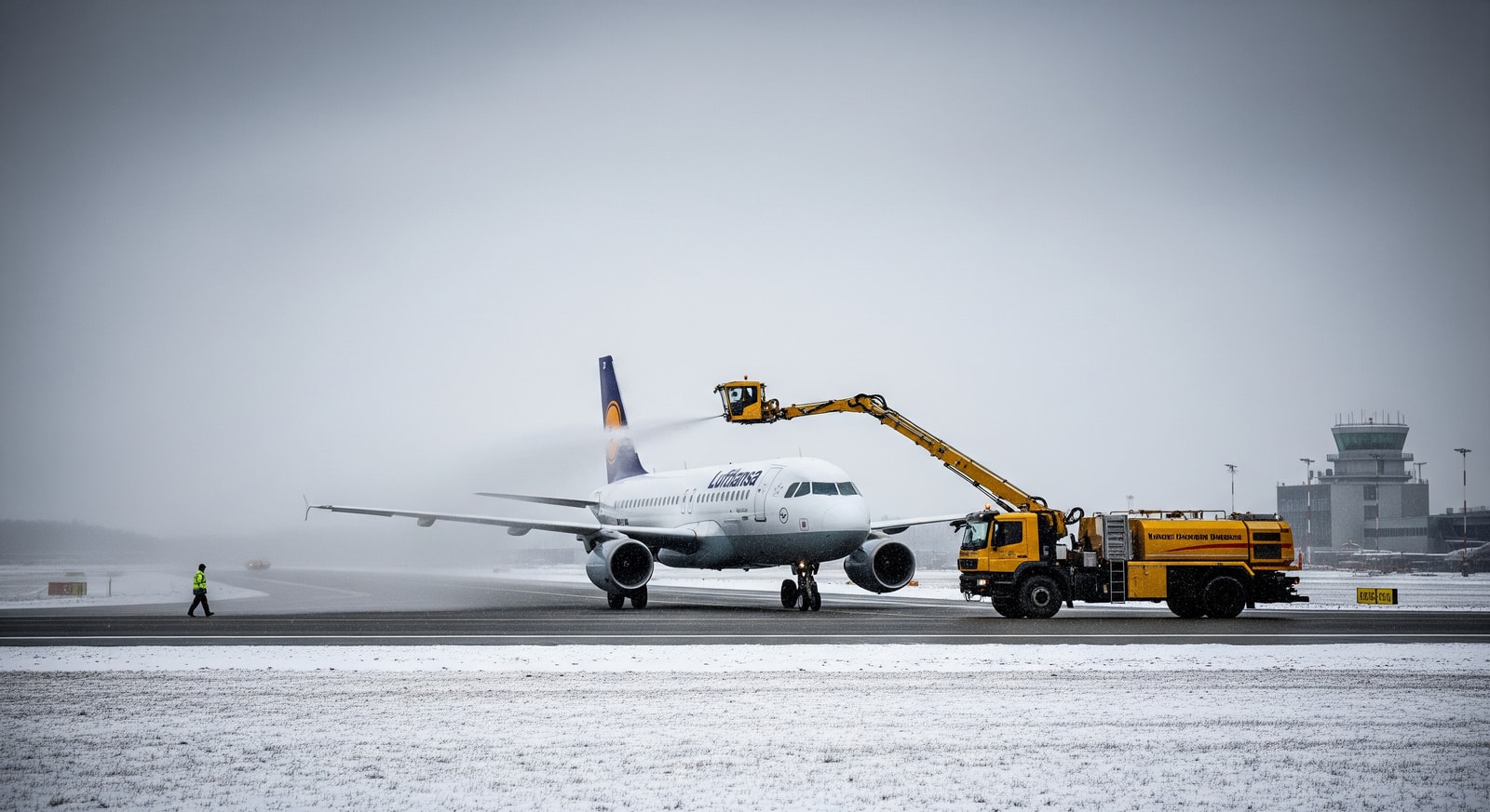 Winter weather and freezing rain affecting aircraft operations at a German airport, with de-icing vehicles near the runway