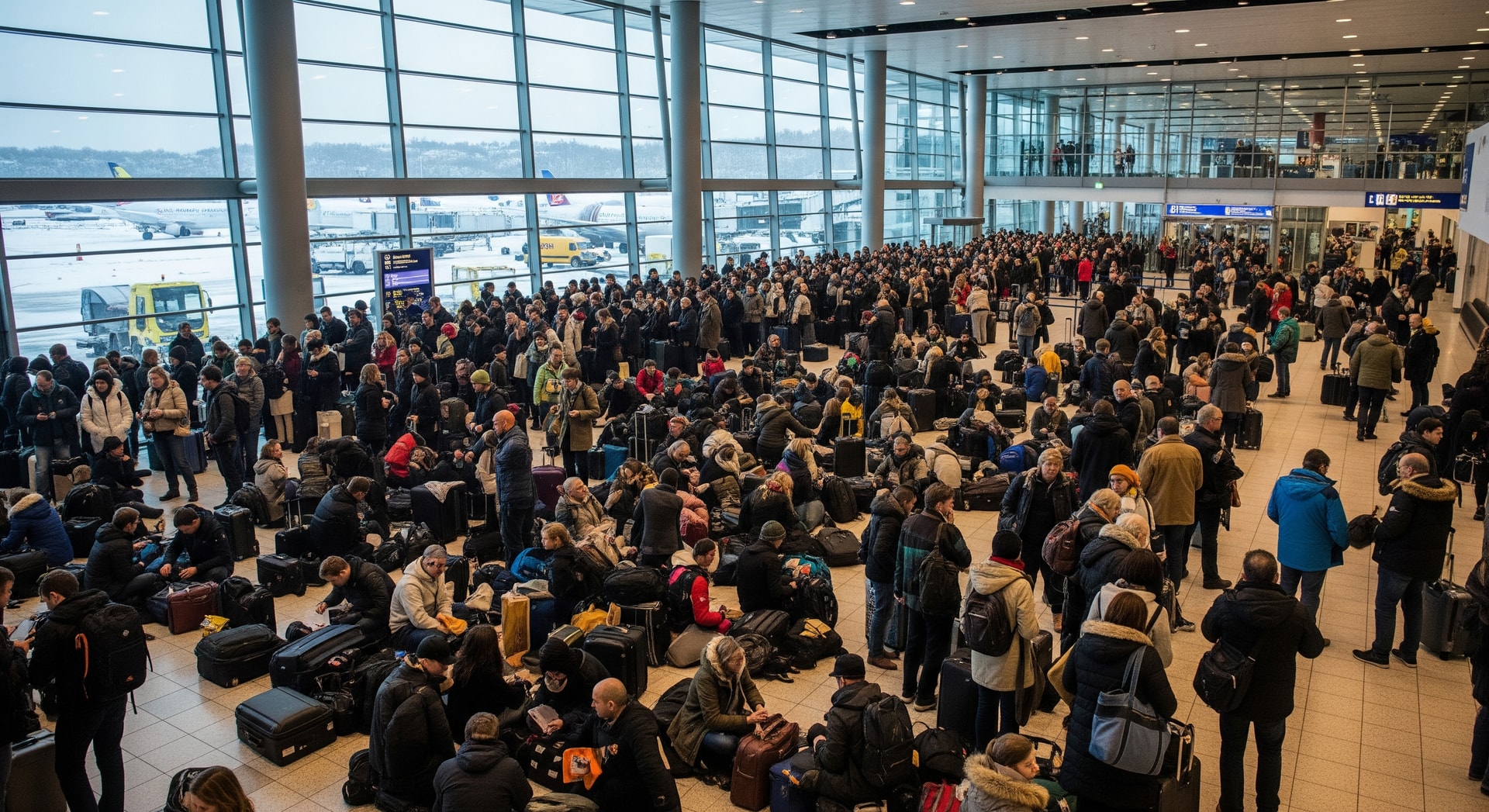 Passengers waiting in a crowded airport terminal during winter weather disruption in Germany