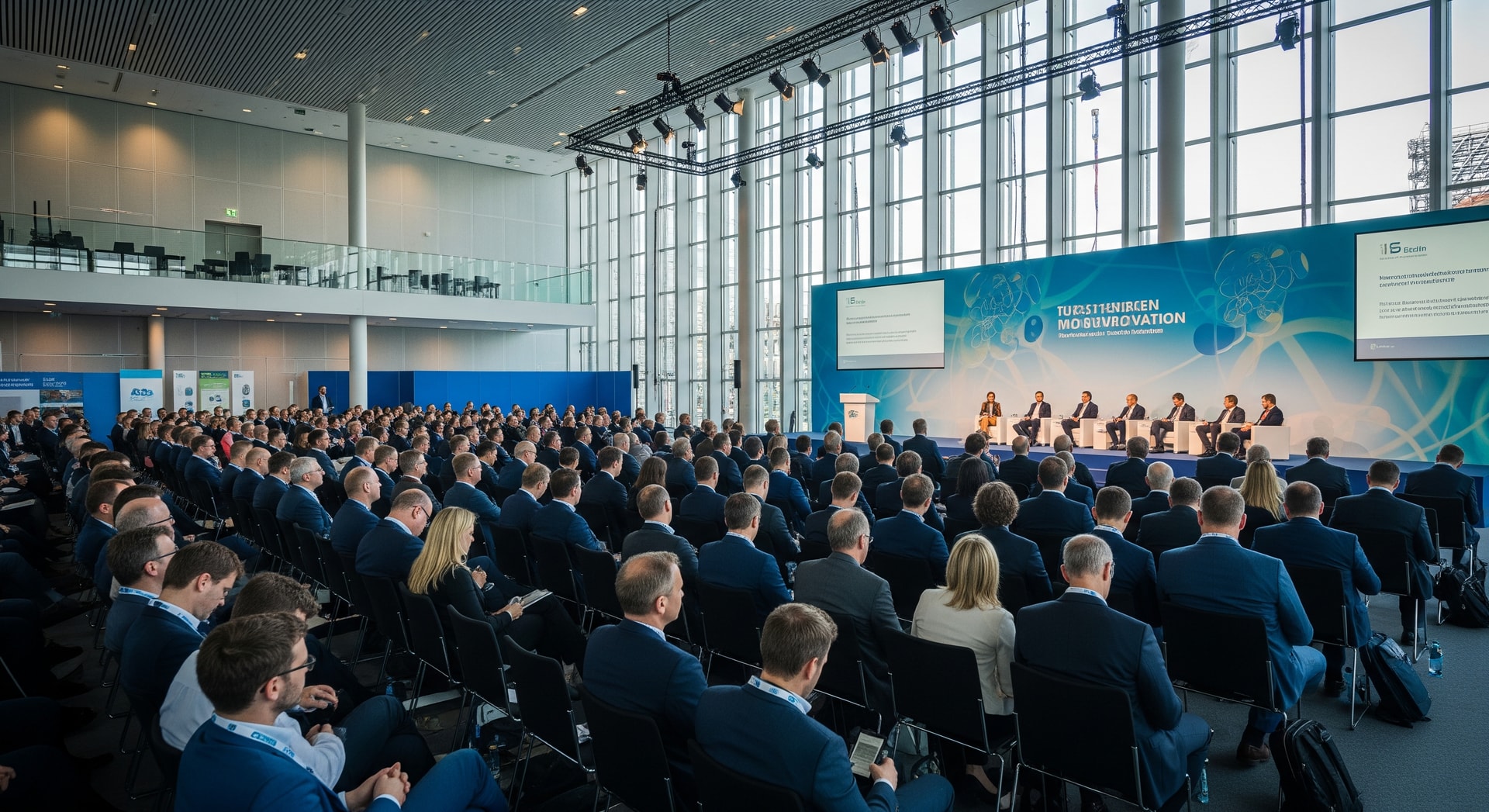 Conference hall at ITB Berlin with delegates and speakers discussing tourism innovation and sustainability