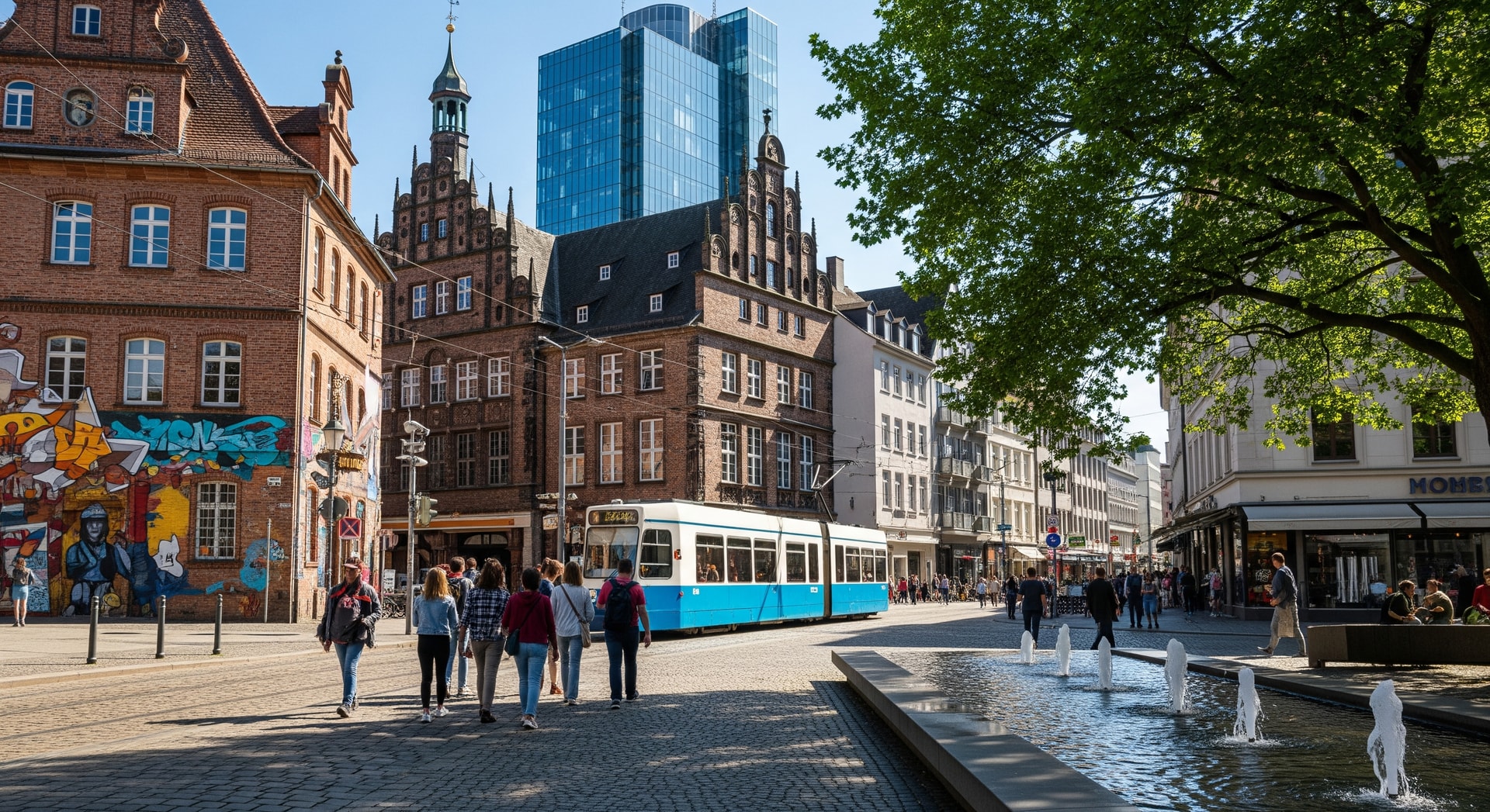 Tourists walking in a German city center with a mix of historic and modern architecture